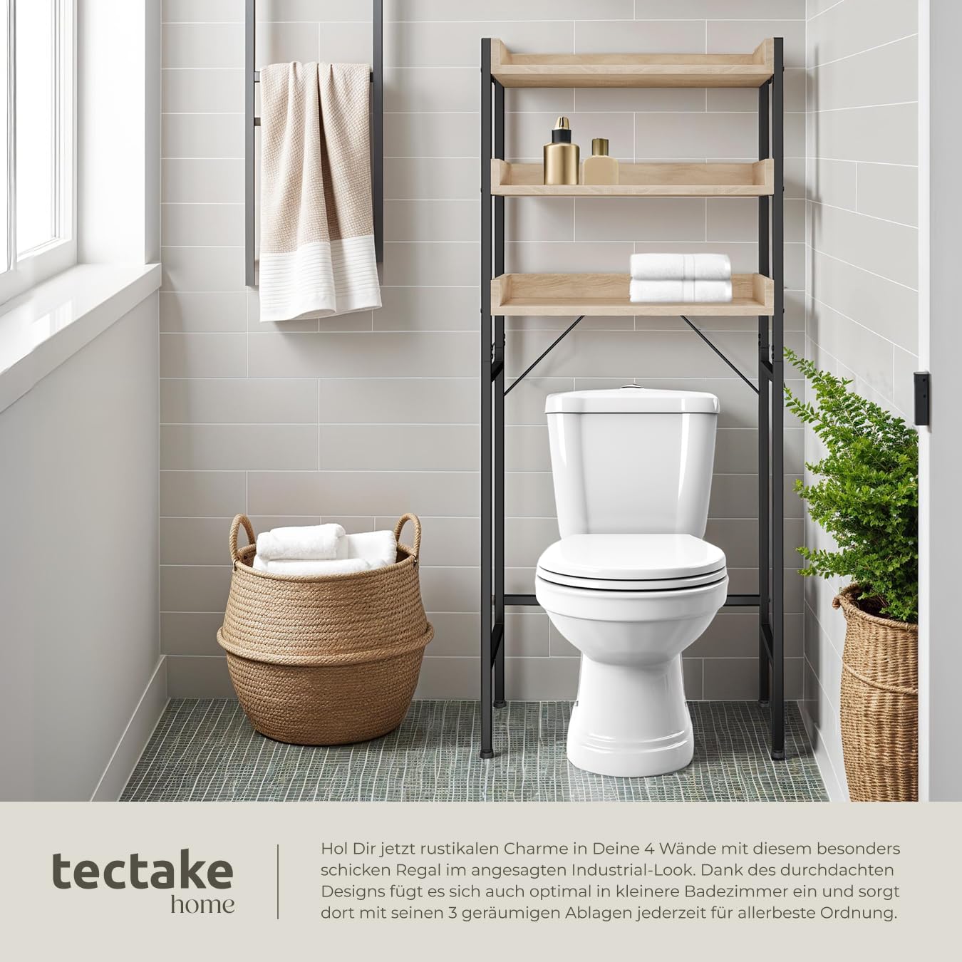 tectake Badezimmerregal mit 3 Ablagen, Badregal, Waschmaschinenregal, Industrial Design, Überbauschrank, Regal für Waschmaschine, Toilettenregal, 67 x25 x 165 cm - Industrial Holz hell, Eiche Sonoma