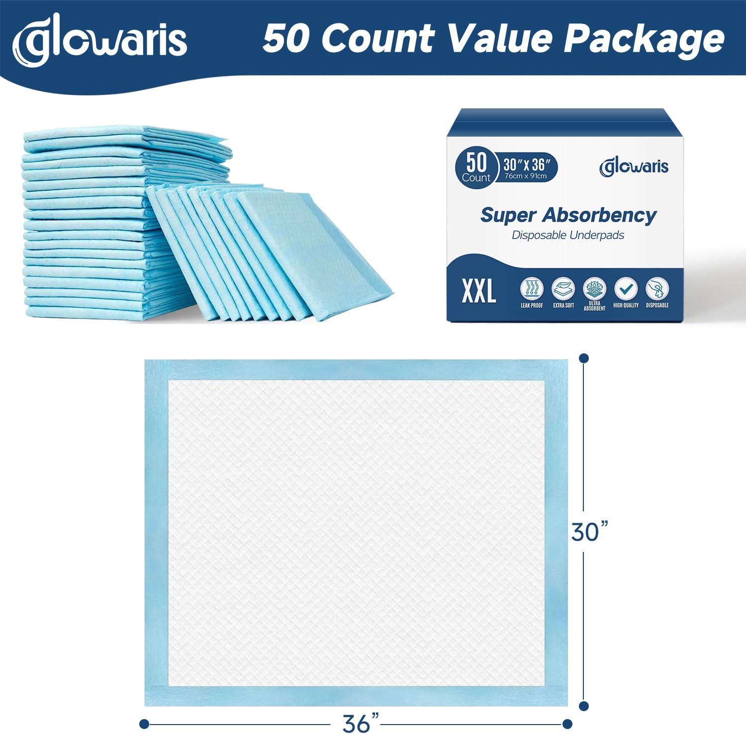 50 Count 30” x 36” XXL Disposable Underpads, Super Absorbent Leakproof Quick Drying, Baby Puppy & Adults Bed Pads Disposable Adult, Dog Pee Pads Extra Large, Incontinence Bed Pads - Image 6