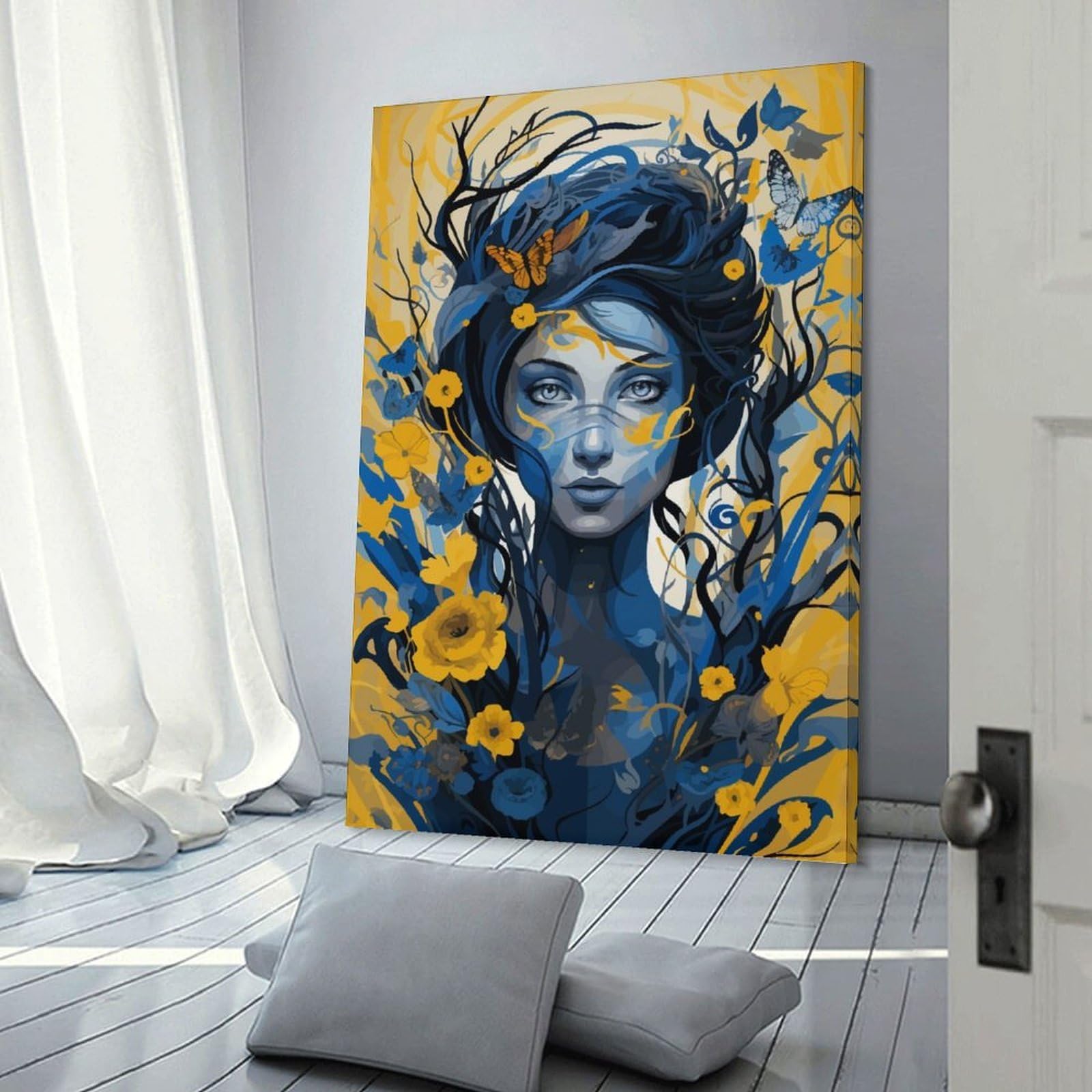 Junmoney Frame-Style-1 Blue Butterfly Fantasy Art Print Canvas Wall Picture, 08X12inch(20X30cm), For Study, Office Or Focused Interiors, Home Office Artwork With Decorative Appeal