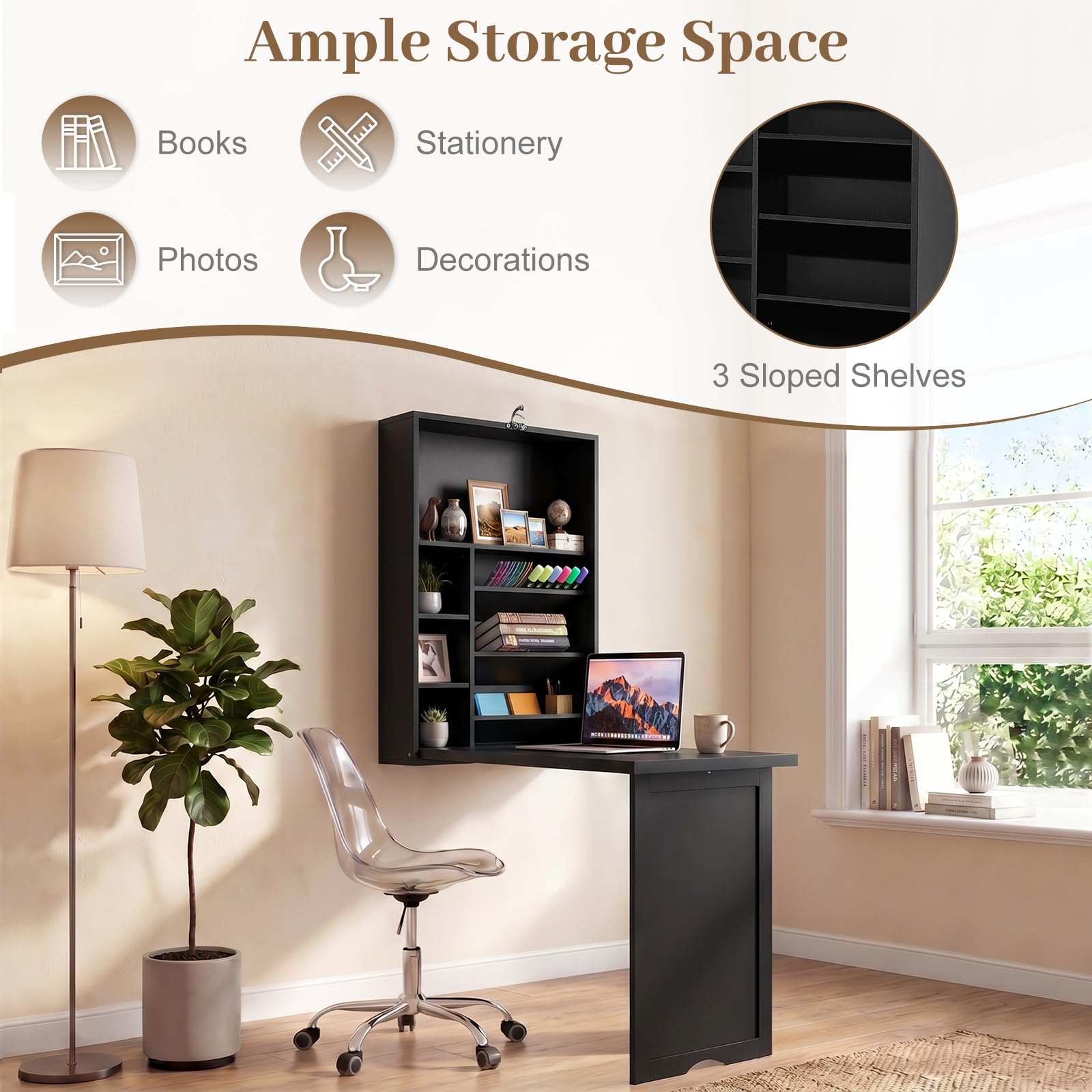 Tangkula Folding Wall Mounted Desk Convertible Fold Out Floating Table with Storage Shelves Space-Saving Drop Leaf Table Murphy Desk for Craft Study Small Spaces Home Office Dorm Black product thumbnail 4