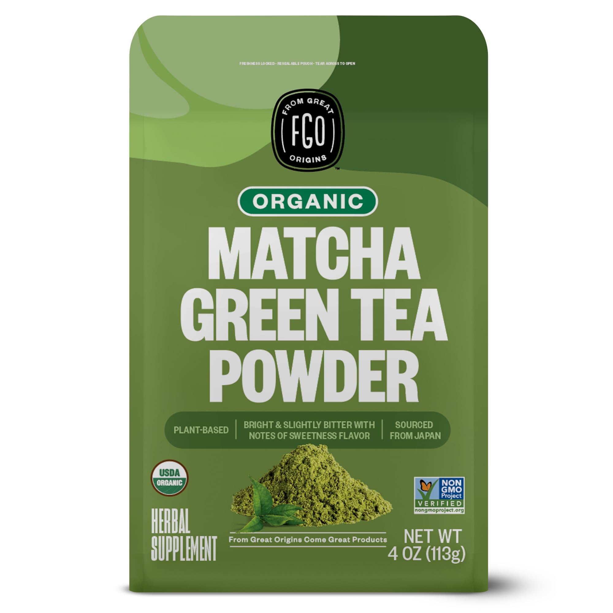FGO Organic Matcha Green Tea Powder, Japanese Culinary Grade for Cooking, Baking, and Smoothies, 4 Ounce Resealable Bag, Packaging May Vary (Pack of 1)