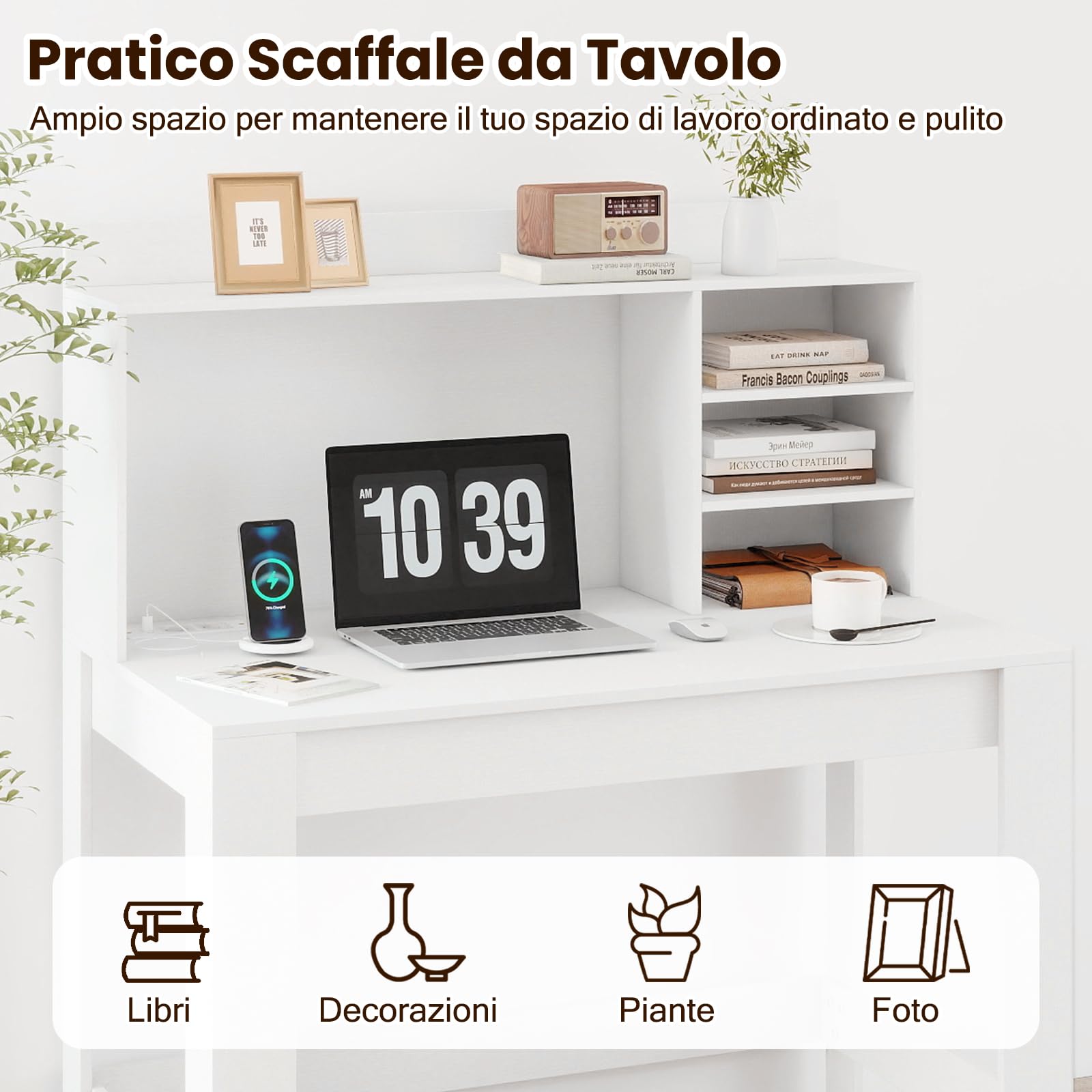 COSTWAY Scrivania per Computer con Libreria, Scrivania Salvaspazio in Legno con Stazione di Ricarica e Foro per Cavi, Scrittoio Moderno per Ufficio, Soggiorno e Studio, 108 x 60 x 125 cm (Bianco)