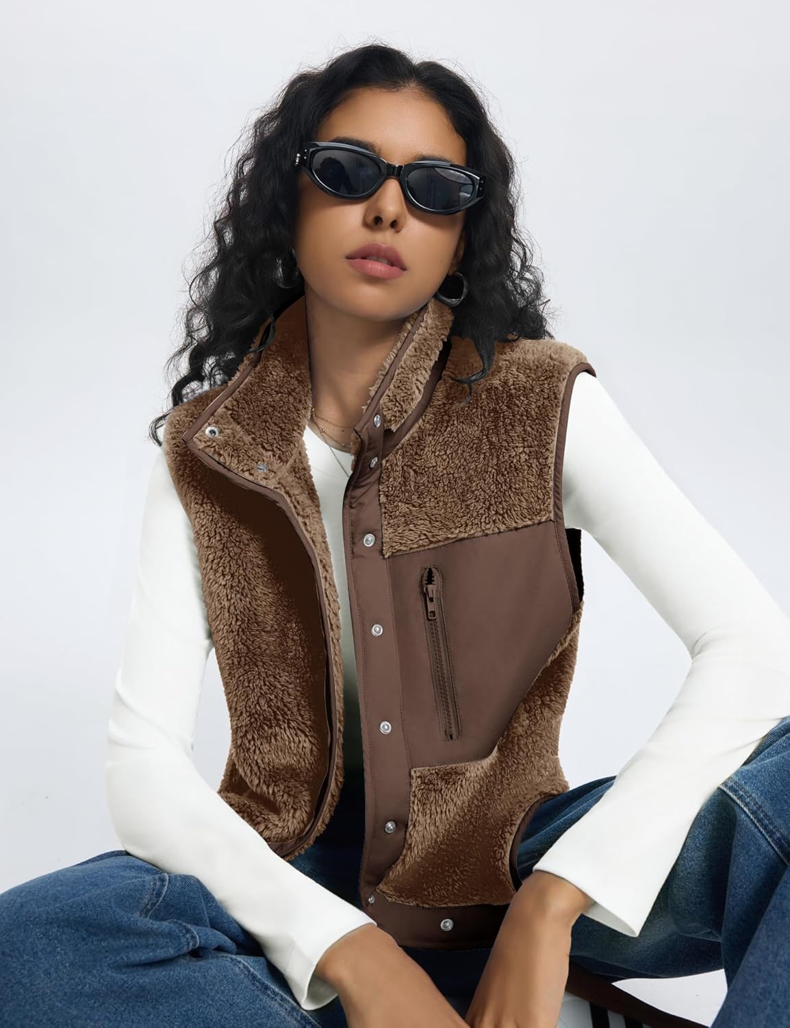 Rapbin Vests for Women Lightweight Stand Collar Sherpa Fuzzy Fleece Vest Buttoned Sleeveless Jackets with 3 Pockets - Image 5