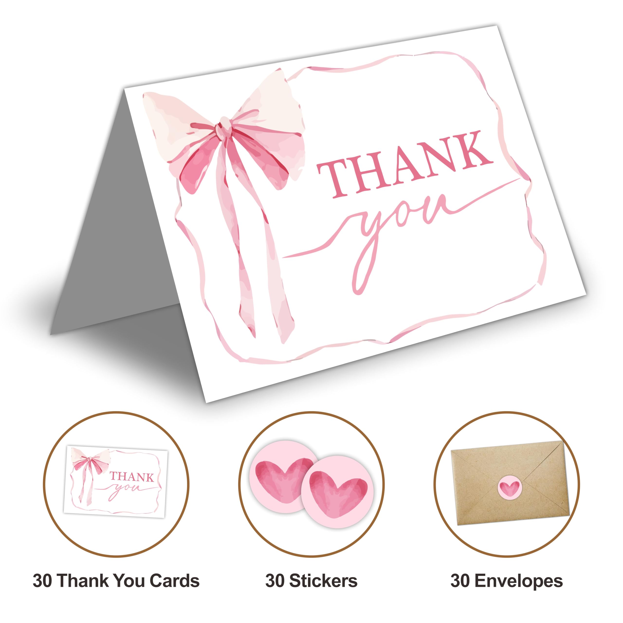 30 tarjetas de agradecimiento con lazo rosa con sobres y calcomanías, tarjetas de agradecimiento para baby shower y boda, tarjeta de regalo para profesores, graduación, negocios, vacaciones y fiesta