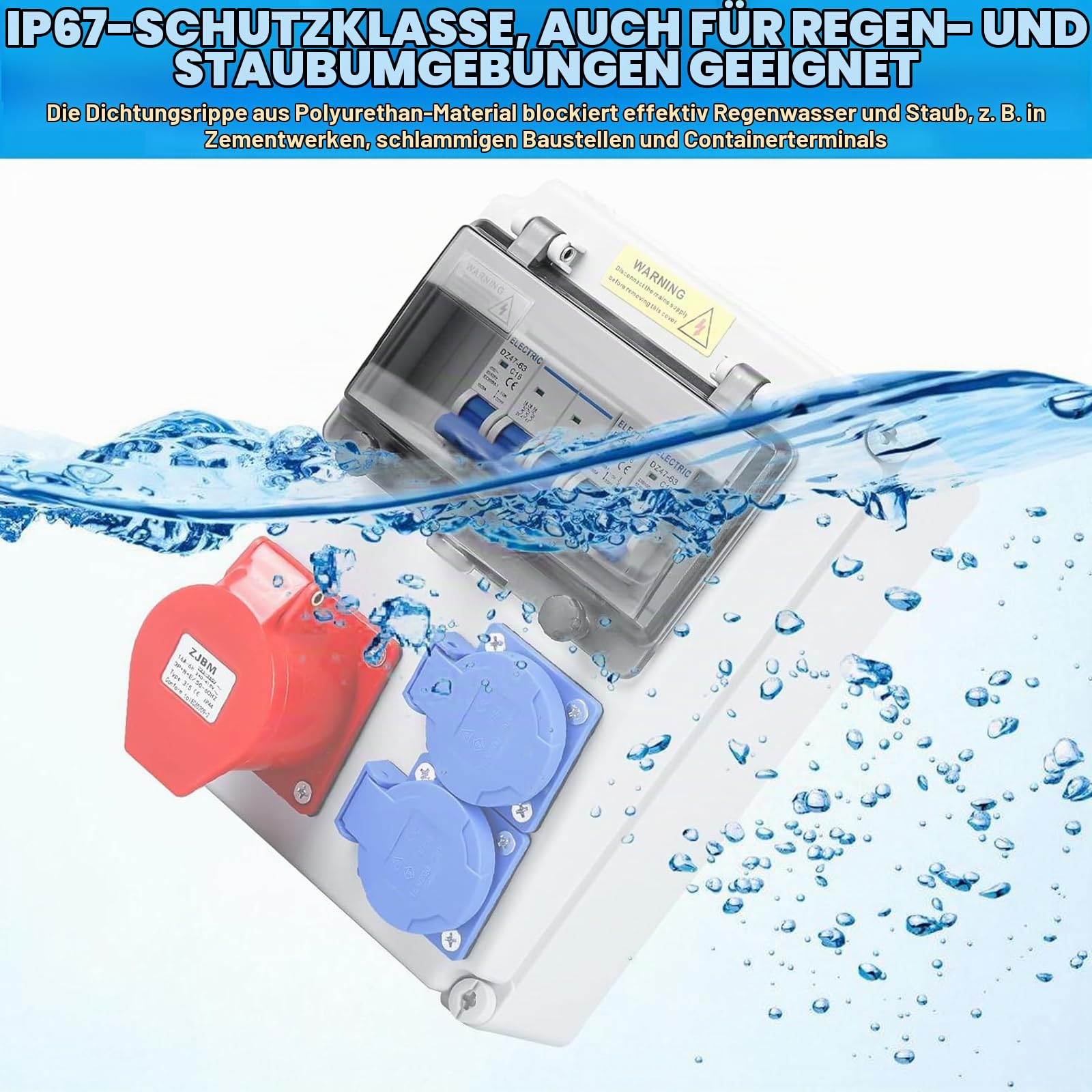 Verteilerkasten Baustromverteiler Wandverteiler mit Leitungsschutzschalter 2x Schuko & CEE 16A Steckdosen, Wasserdicht Stromverteiler komplett verdrahtet für Innen/Außen, Holzwand/Zementwand
