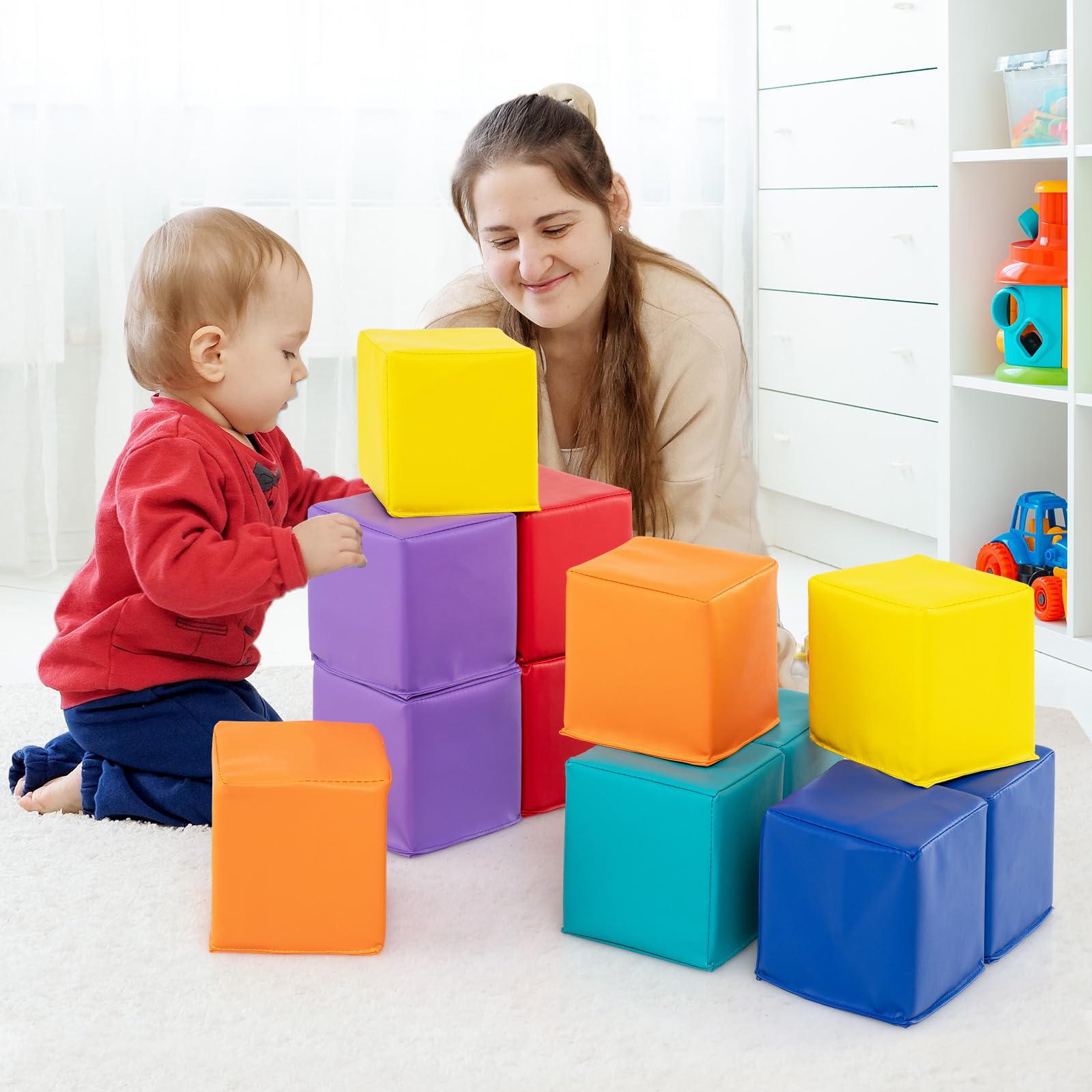COSTWAY 12 Piezas Bloques de Construcción de Espuma, Cubos Suaves de Escalada de 14 x 14 cm en Colores para Niños, Bloques Psicomotricidad de Apilamiento y Lanzamiento (Arcoiris)