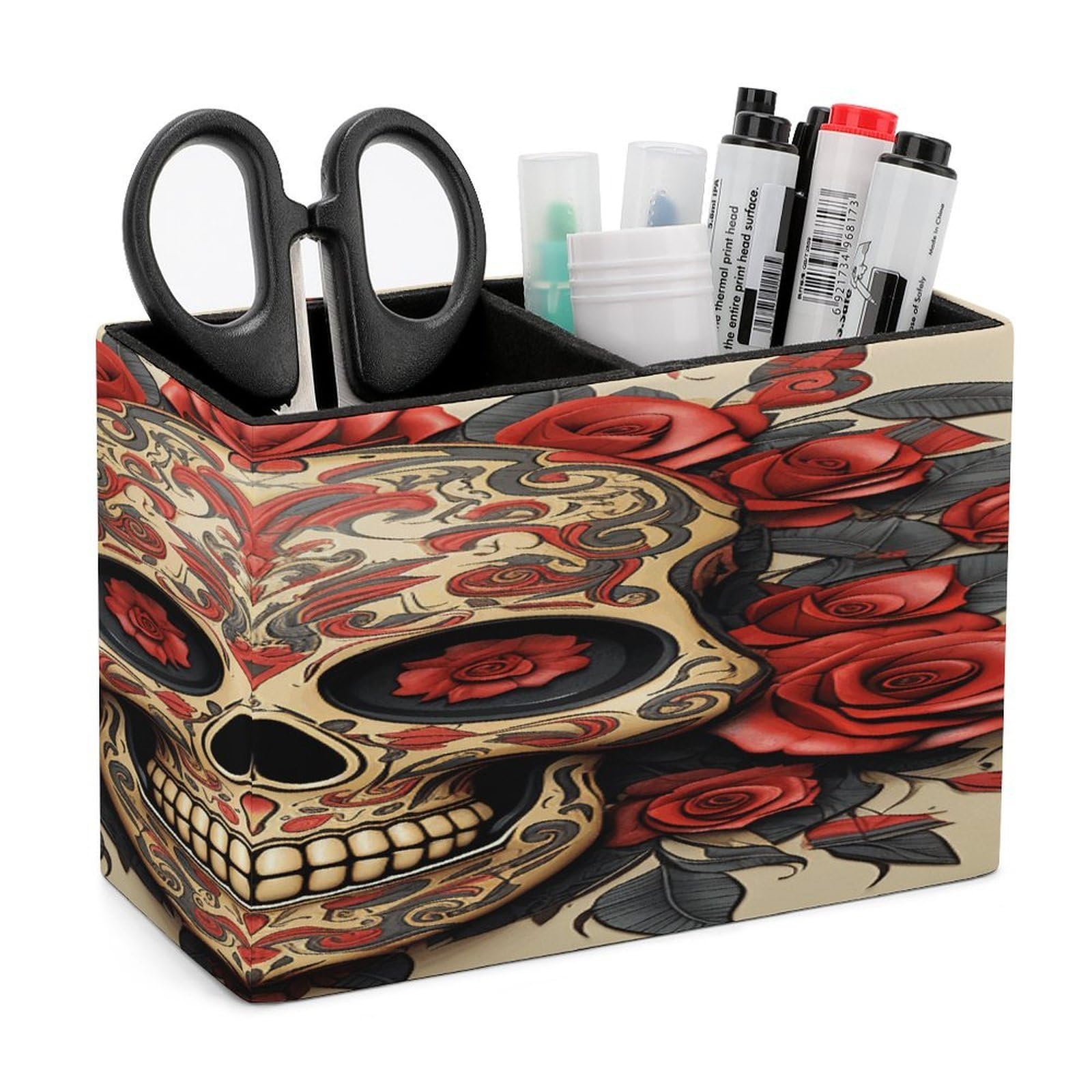VstaDank Red Rose Sugar Skull Pen Holder Double Compartments Pen Cup Fashion Makeup Brush Holders Leather Pencil Holder for Work Locker Accessories Modern Pencil Cup for Desk Organizer