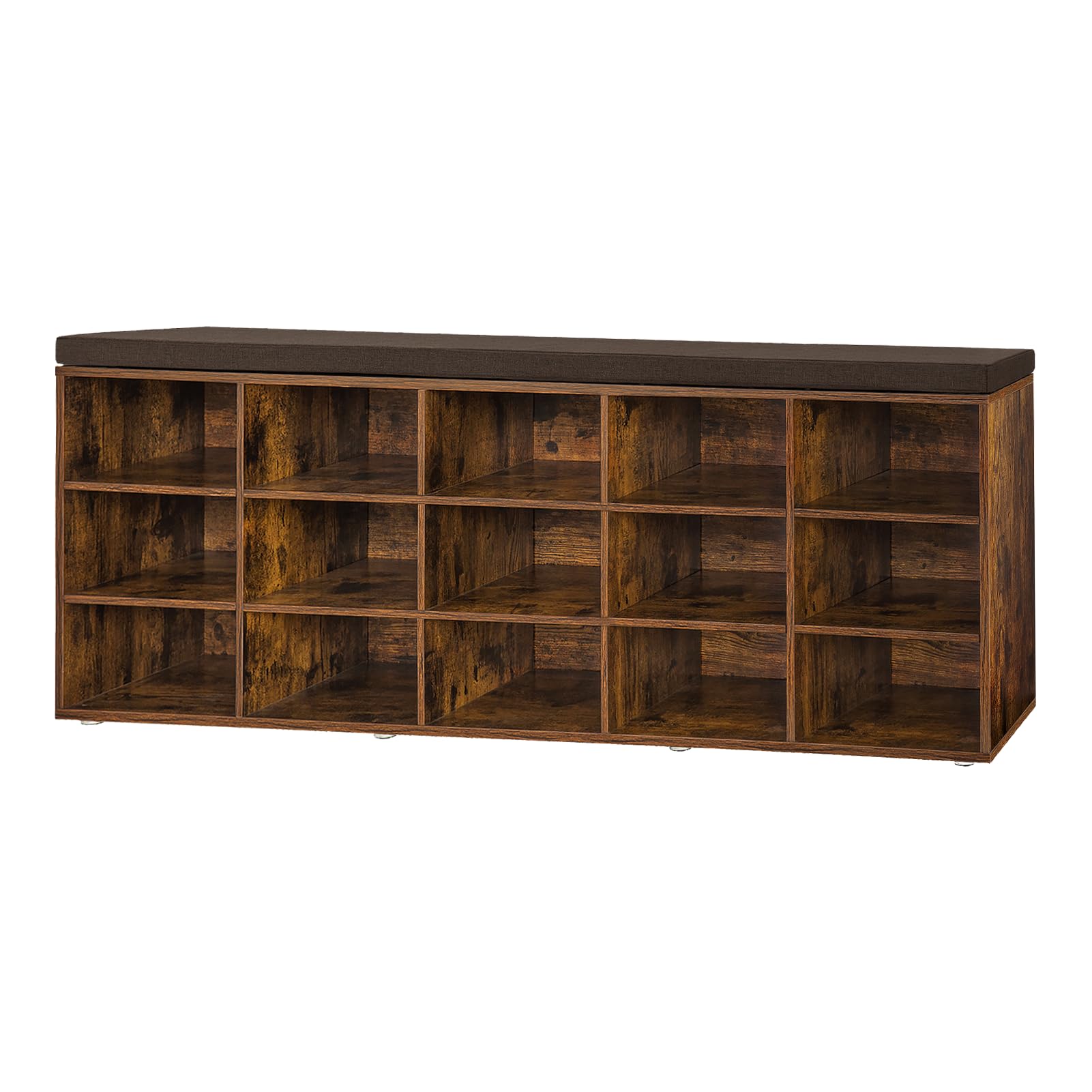 DINZI LVJ Shoe Storage Bench with Cushion, 15-Cubby Shoe Rack, Adjustable Shelves, Long Shoe Organizer Bench for Entryway, Mudroom, Hallway, Living Room, Bedroom and Garage, Rustic Brown