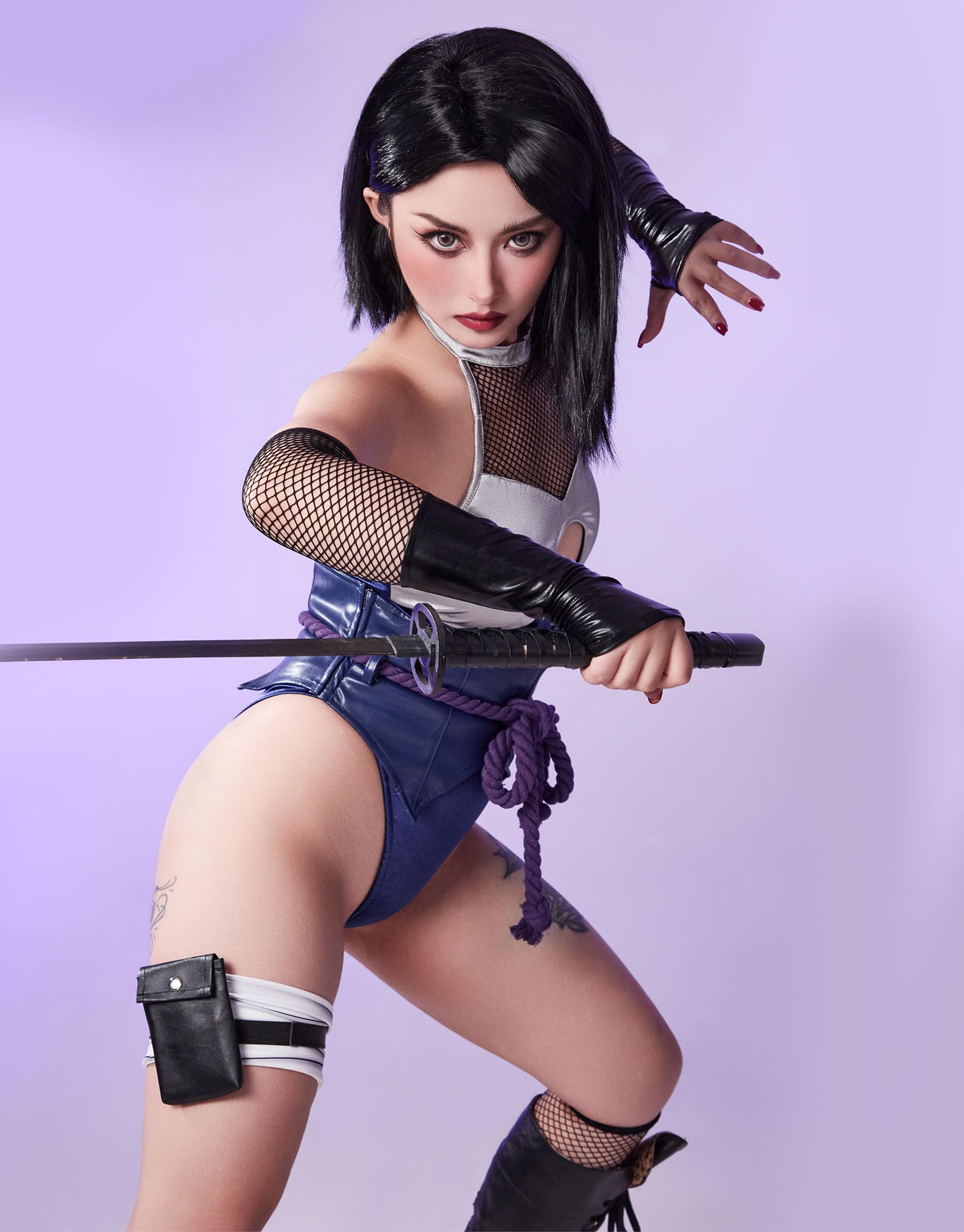 Mobbunny Ninja Cosplay Costume Cutout Bodysuit and Skirt with Sleeves and Waist Rope Halloween Costume: 1X2X Dark Blue