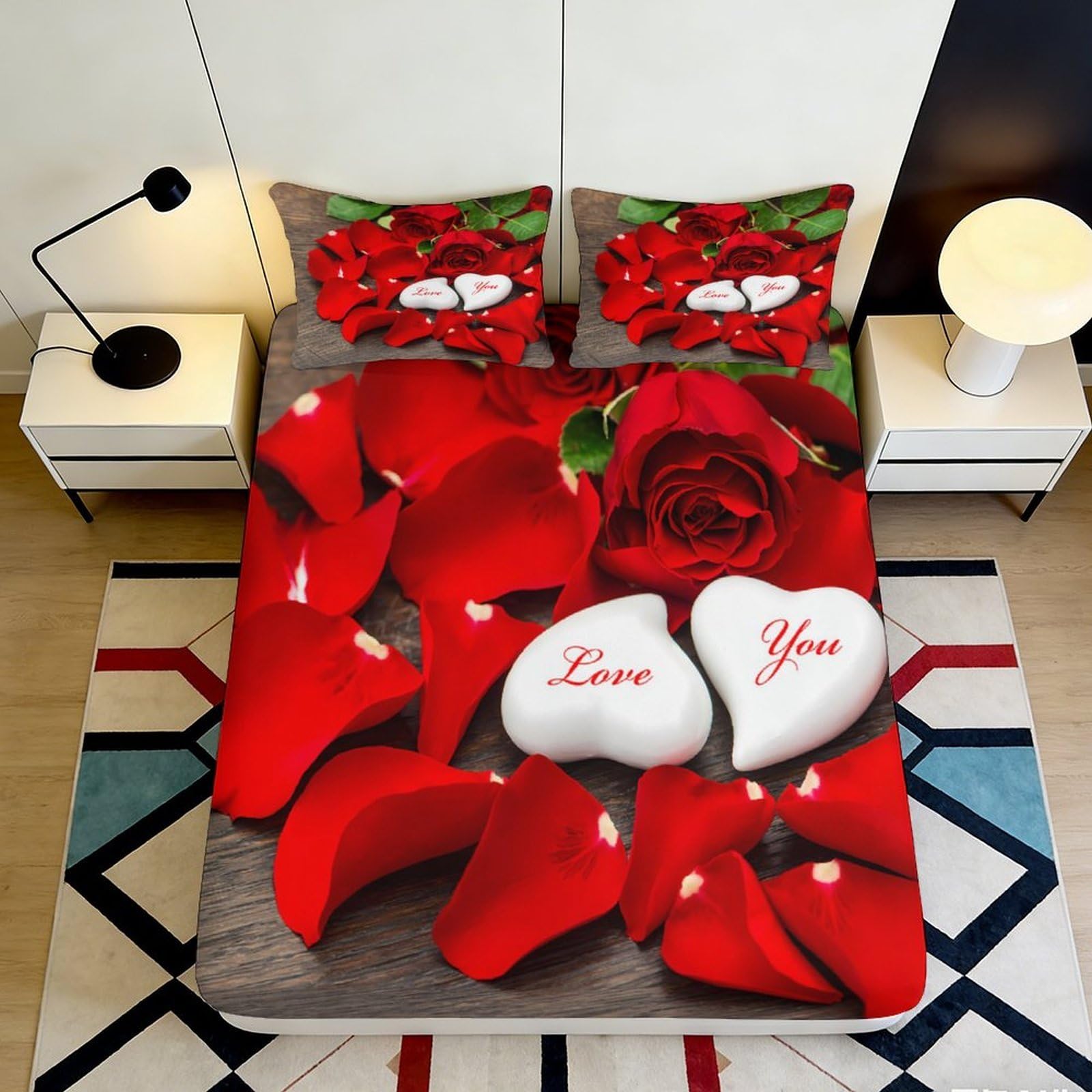 3D Printed Rose Petals Fitted Sheet Microfiber Soft Love Heart Bed Cover Red Romantic Bedroom Decor 90x200x25cm