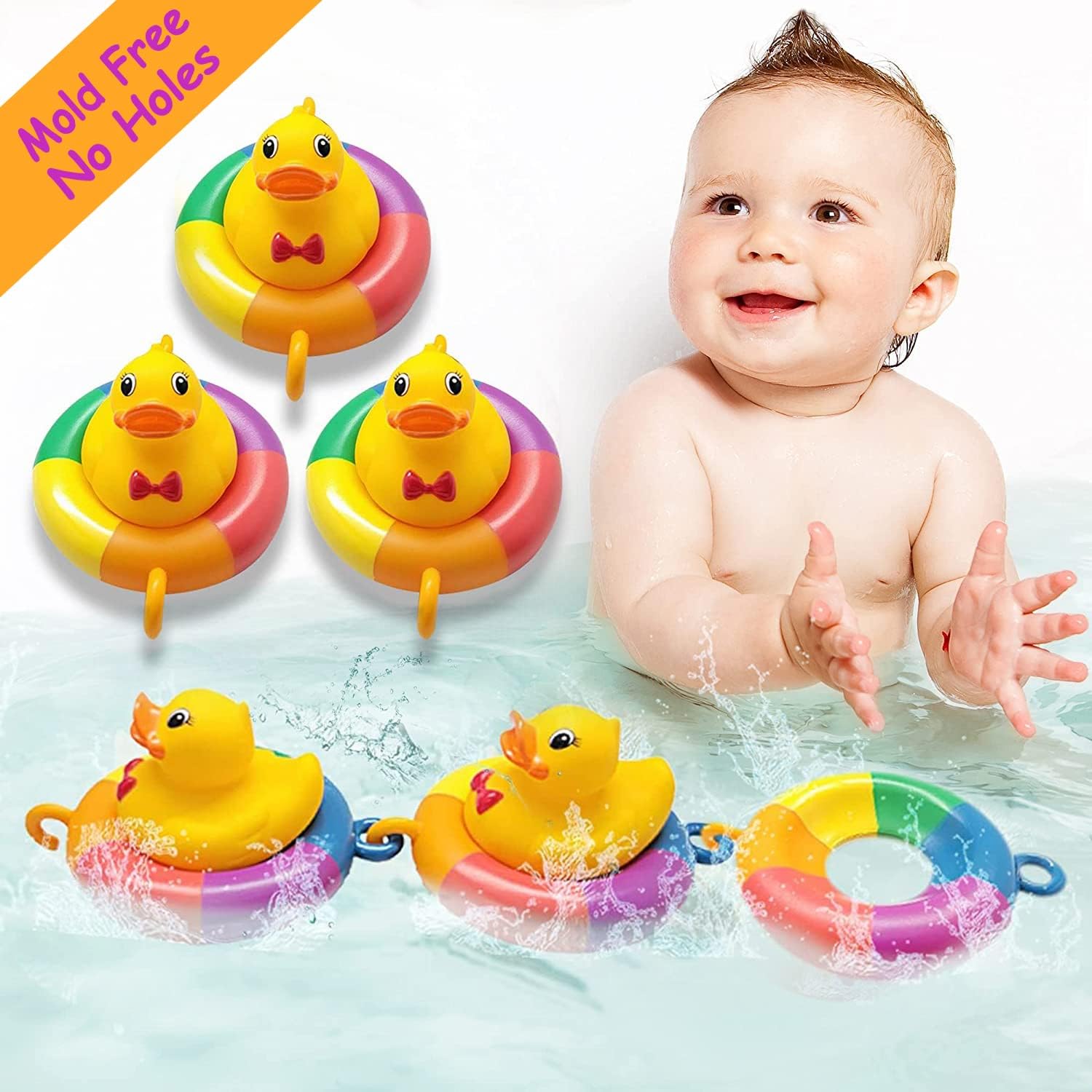 Duck Tubing Floating Bath Toys Mold Free No Holes Bathtub Float Play Connecting Rings with Ducks for Baby Toddlers and Kids