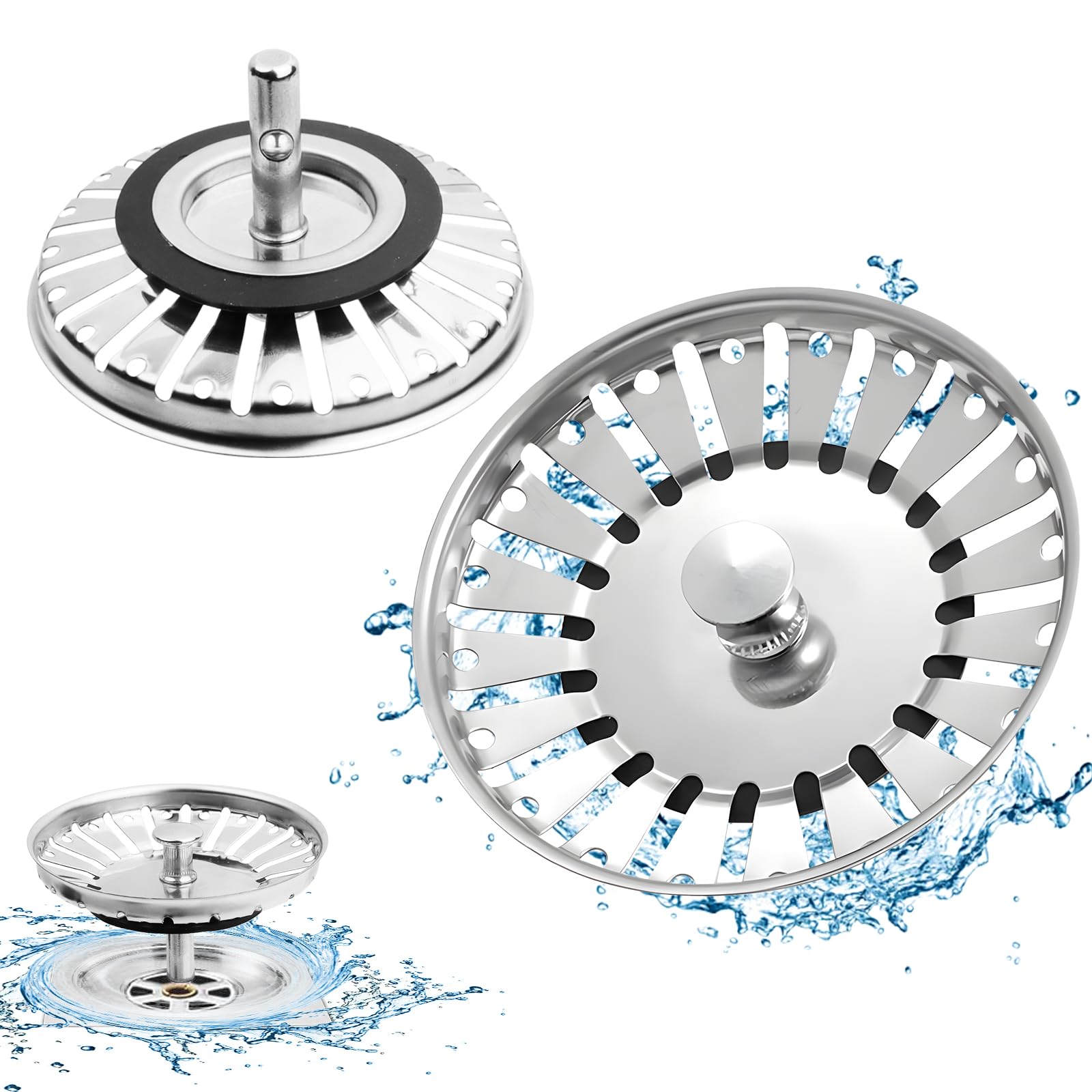 Tappo Lavandino Cucina In Acciaio Inox - 2 Pezzi, Diametro 84mm, Con Filtro, Antintasamento