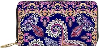 Carteiras femininas de couro legítimo espirais e caxemira com porta-cartão de crédito com zíper organizador de bolsa feminina longa de viagem, Redemoinhos e Paisley com Festoons, 7x4.3x0.8 Inches