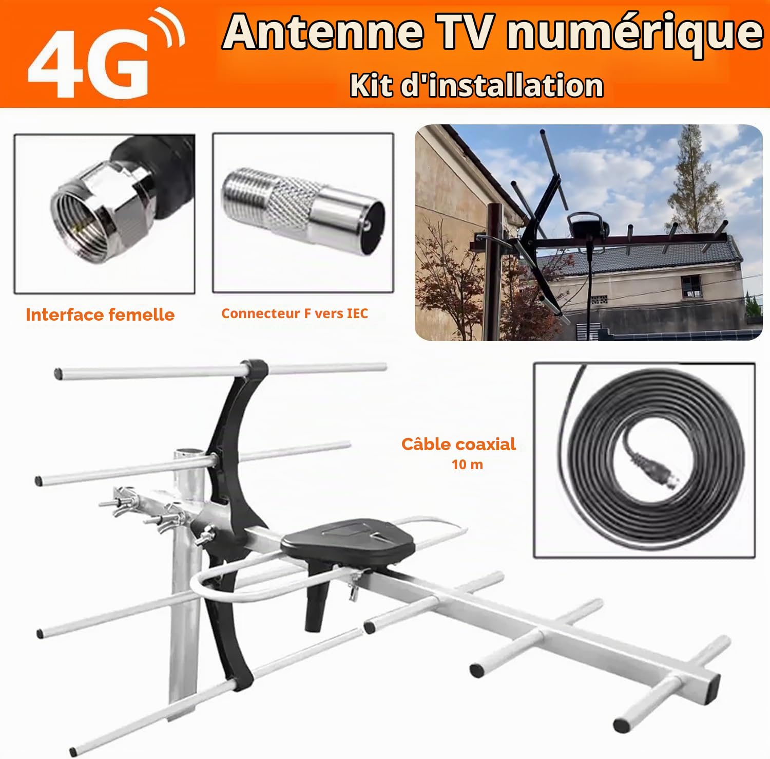 Kit d'installation d'antenne TV numérique 4G pour l'extérieur - Antenne de toit pour antenne TV extérieure numérique Smart Freeview HD + connecteur coaxial mâle femelle 10 m RG6 câble de fixation vis