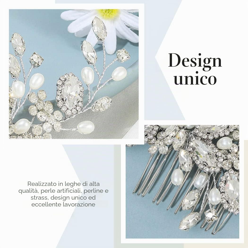 Accessori per Capelli da Sposa, Pettine per capelli da sposa con Perle di Cristallo, Accessori Eleganti per Ragazze e Donne Matrimonio, Festa, Ballo (Argento)