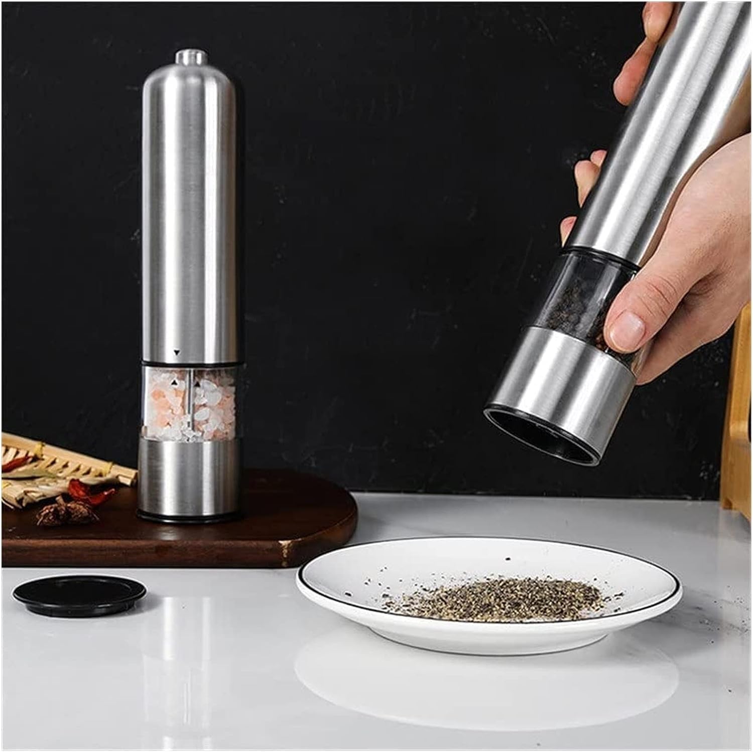 Salt & Pepper Grinders Electric Gravity Pepper Grinder Peppercorn Shakers Set with & Adjustable Coarseness & One Hand Automatic Operation & Refillable & LED Light