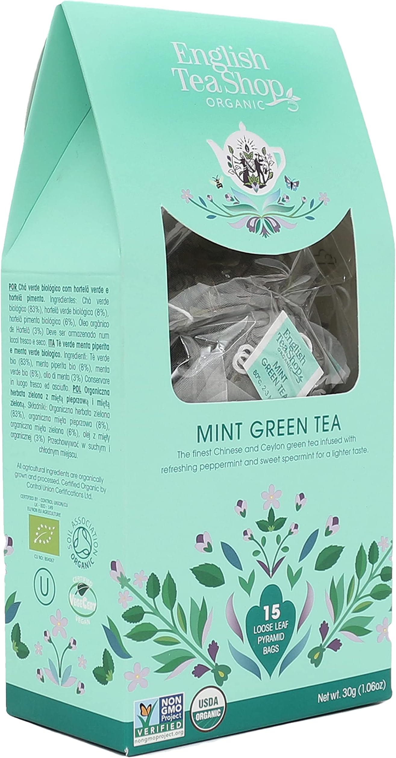 Mint Green Tea, 15 Fairtrade & Organic Loose Leaf Silken Pyramid Infuser Bags, 30g