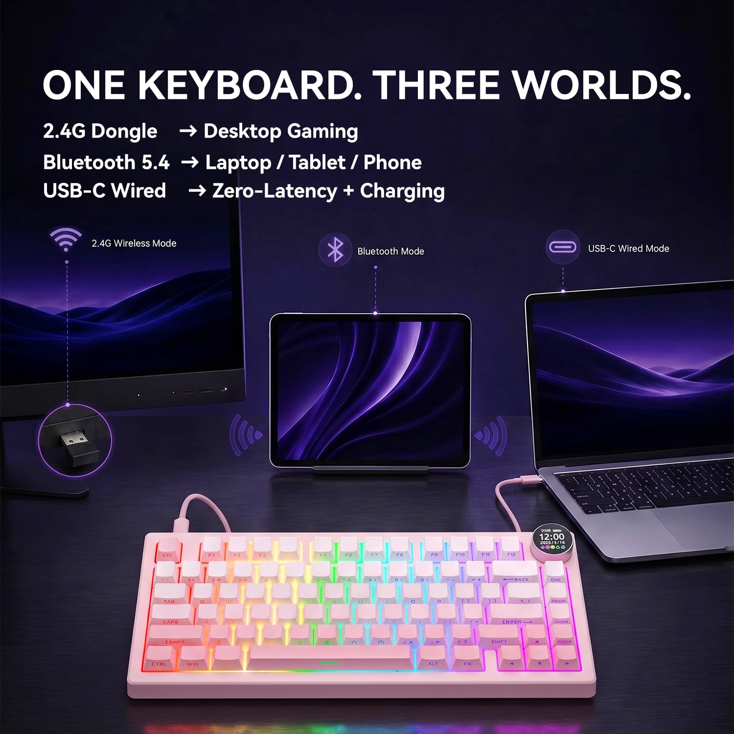 AK820 V2 75% Tastiera Meccanica Compatta, 81 Tasti, Tri-Mode (2.4G/Bluetooth/Wired), Batteria 10000mAh, Manopola TFT Smart Display 0.91", Montaggio Guarnizione, Hot-Swap, Retroilluminazione RGB