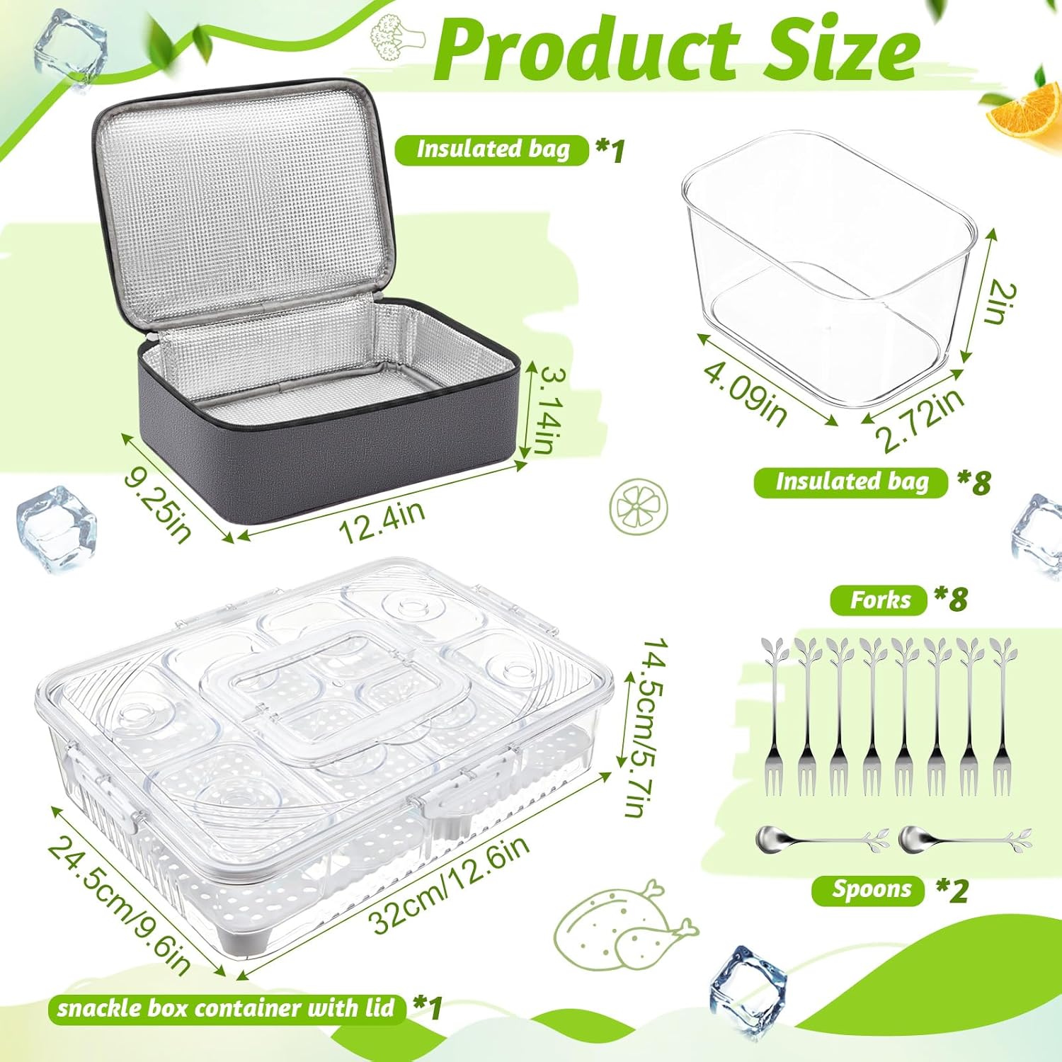 Snackle Box with Ice Pack and Insulated Cooler Bag 8 Compartment Snack Container for Travel and Trips, Portable Organizer Tray with Forks Spoons Lid and Handle for Picnic Beach Camping Meal Prep
