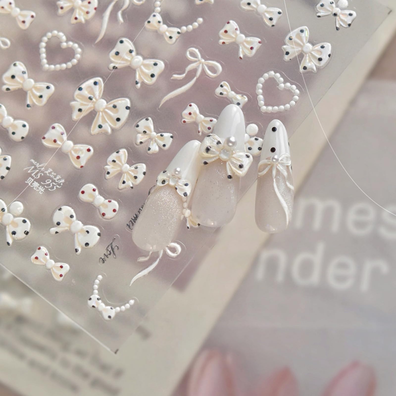 Bow Nail Stickers Polka Dot Bow Nail Decals with Pearl Design 5D Embossed Self Adhesive DIY Manicure Charms Supply Decoration for Women
