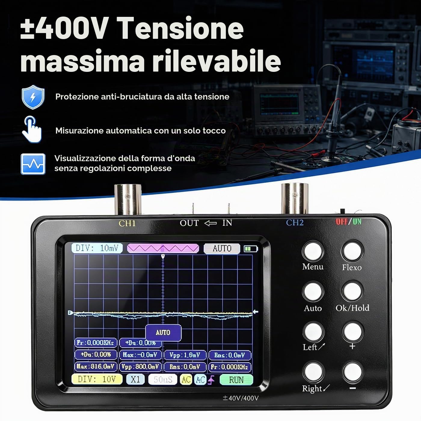 Fyearfly Oscilloscopio A Doppio Canale, Oscilloscopio Digitale Multimetro Generatore di Segnale Portatile A 2 Canali Larghezza di Banda 2 MHz con Display LCD Retroilluminato + Clip A Coccodrillo