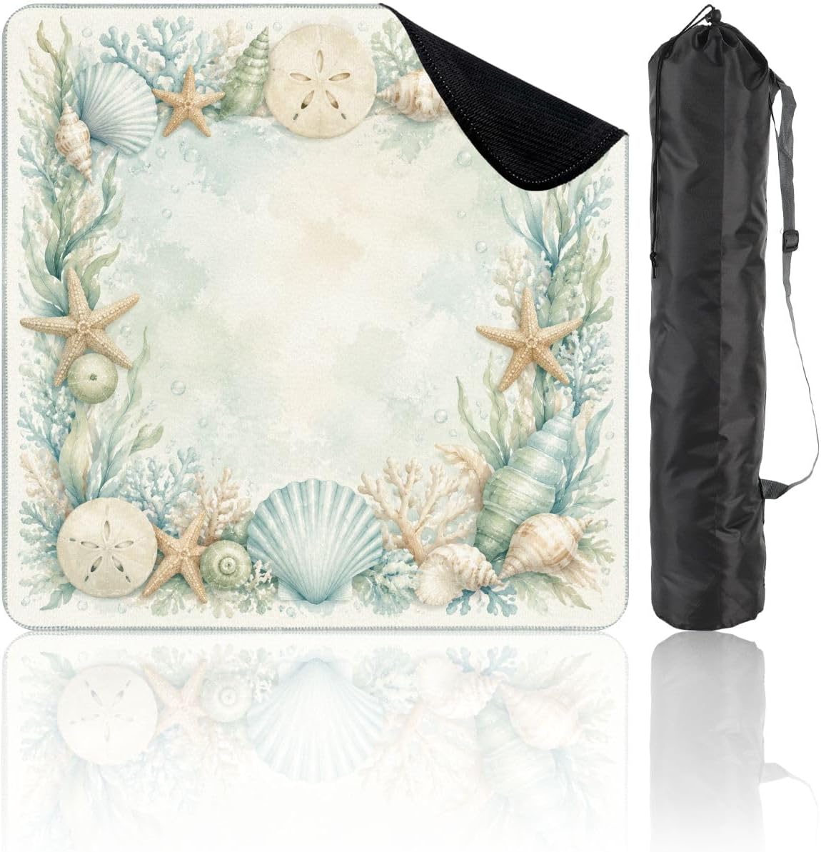 31.5" x 31.5" Mahjong Mat for Table with Carrying Bag Seashell Starfish Beach Soft Pastel Coral Frame Non-Slip Noise-Reducing Game Mat for Mahjong Poker Dominoes Board Games