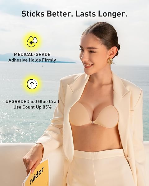 Close-up view of the Niidor Adhesive Bra's skin-friendly silicone material and strong adhesive backing.