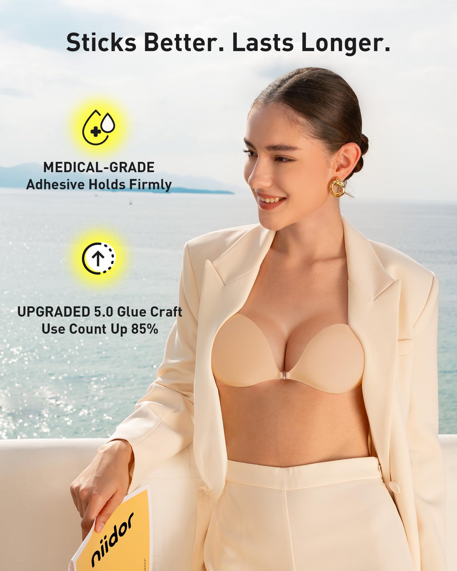 Close-up view of the Niidor Adhesive Bra's skin-friendly silicone material and strong adhesive backing.
