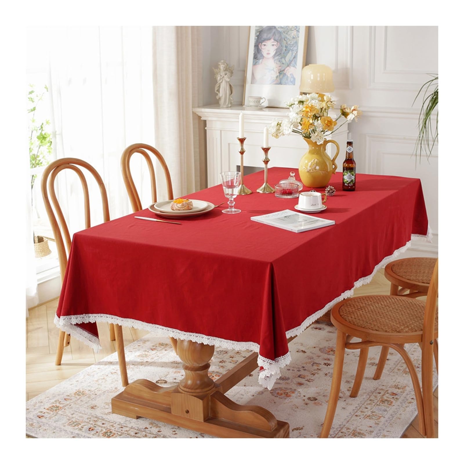 Nappe rouge dentelle coton KnSam 100x140 pour repas festif
