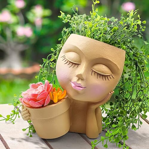 Miniatura 2 de Macetas de cara con cabeza, macetas dobles para suculentas, maceta con orificio de drenaje para plantas de interior y exterior, macetas únicas de
