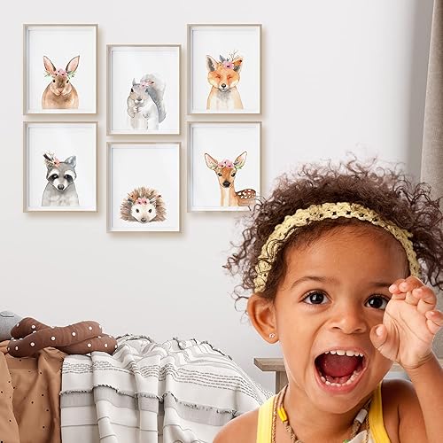 Miniatura 8 de Designs by Maria Inc. Juego de 6 pósteres de corona floral sin marco, decoración de guardería del bosque, decoración de pared de animales de