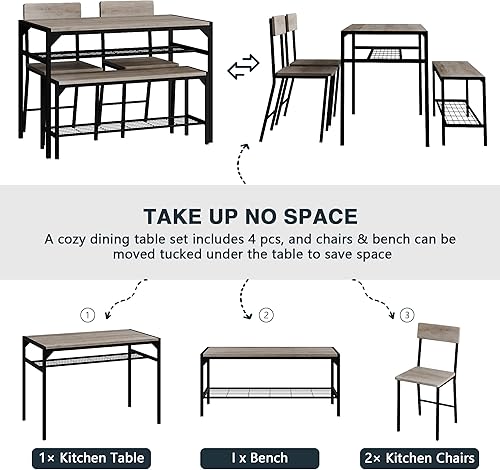 Miniatura 5 de SUNLEI Mesa de comedor para 4 personas con 2 sillas y un banco de almacenamiento, juego de mesa de cocina pequeño con estante para vino, escritorio