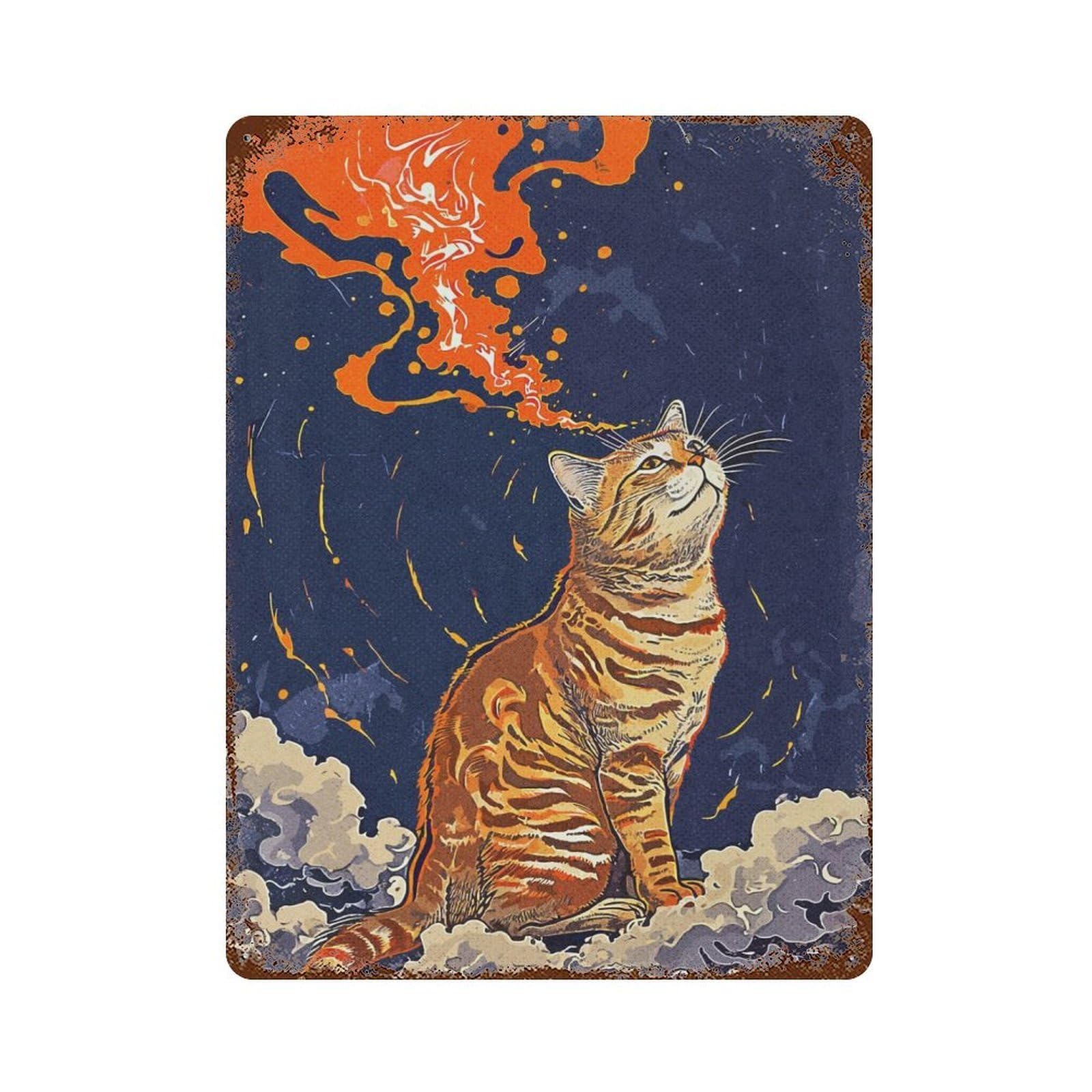 Decorative Tin Sign Orange Cat Japan 15.7"x11.8", Novelty Wall Decor for Shed, Workshop And Garage Wall Decor