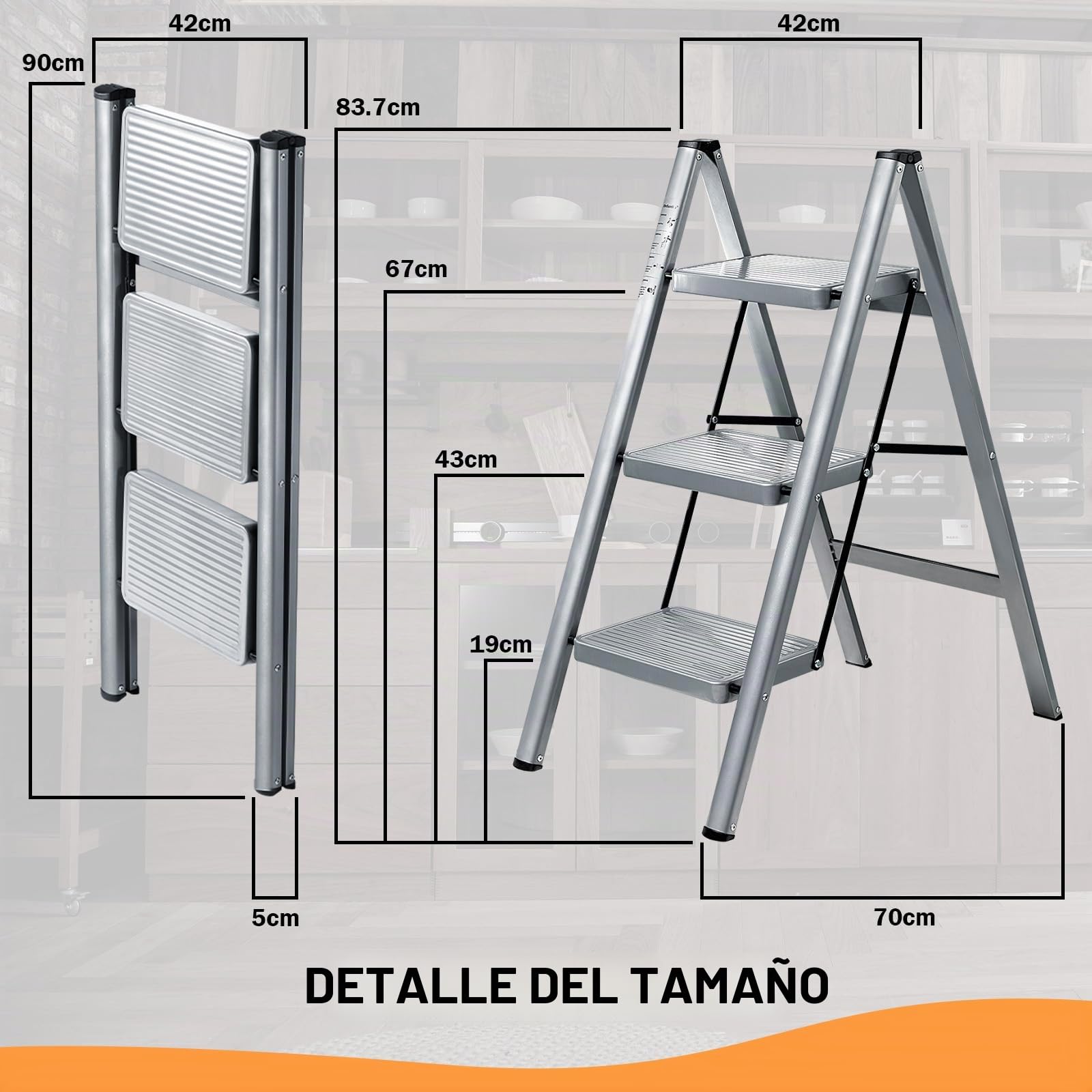XinSunho Escalera Plegable de 3 Peldaños, Escalera de Tijera con Amplios Peldaños Antideslizantes, 3 Peldaños, soporta hasta 150 kg, Escalera portátil para el hogar, Gris