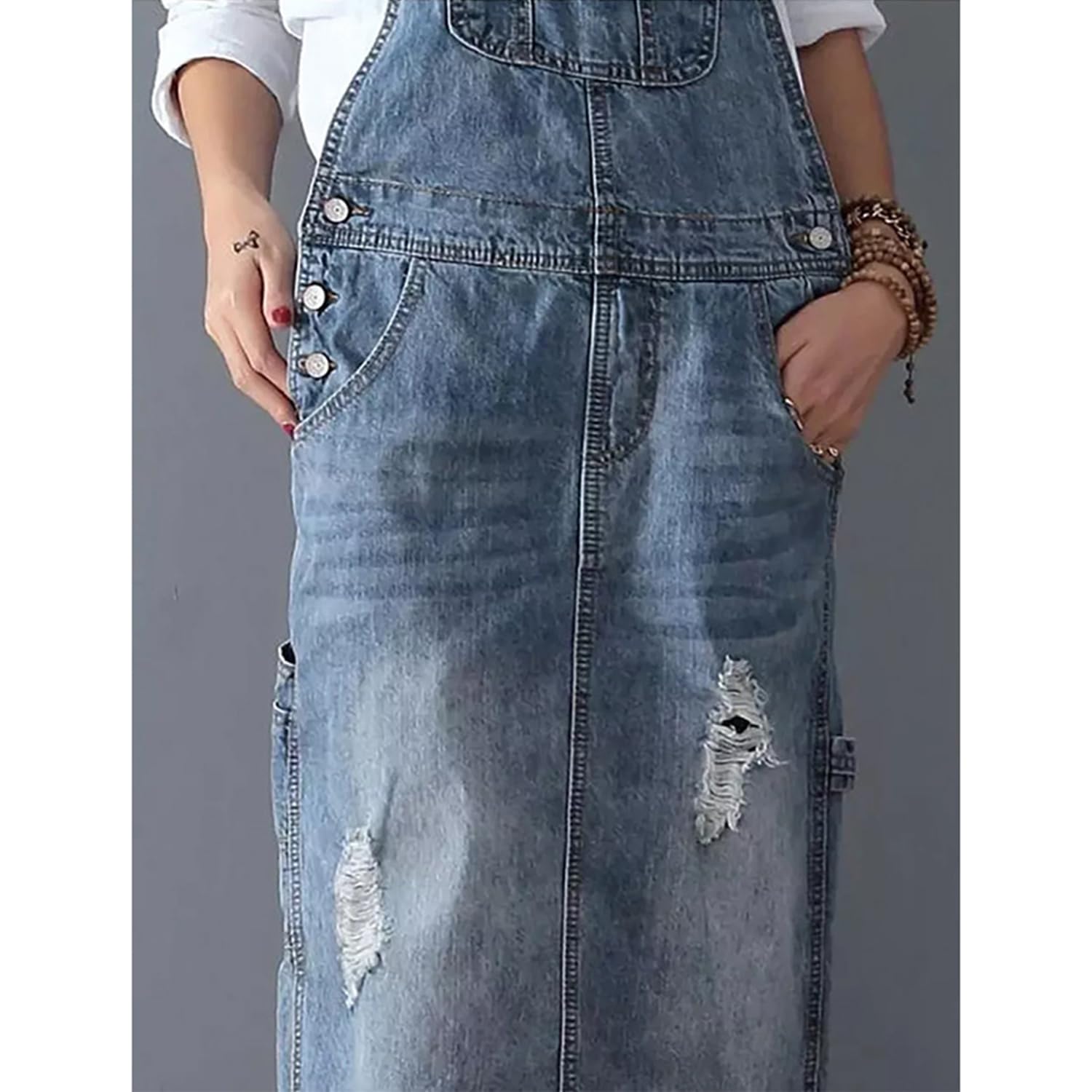 Femmes Vintage Classique Bretelles Longues Jupes Denim Délavé Délavé Salopette Robe Jupes Trous Déchirés Salopette Pinafore Salopette