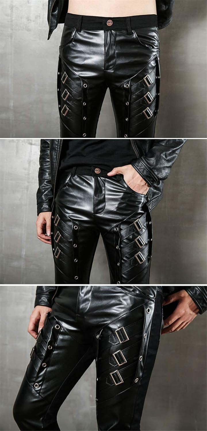 Idopy Men`s Black Party Stage Performance Slim Fit Biker Faux Leather Pants - Image 5