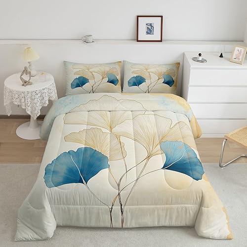 Erosebridal Juego de edredón de hojas de ginkgo tamaño Queen, color marrón y azul, juego de ropa de cama de hojas de ginkgo biloba para niños,