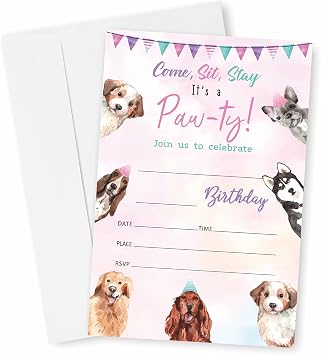 DYIRBIIY Puppy Birthday Invitations, Lets Pawty Birthday Party Invites Decorations, Dog Birthday Party and Events Supplies, 20 Fill-in Invites Cards with Matching EnvelopesYQK-049