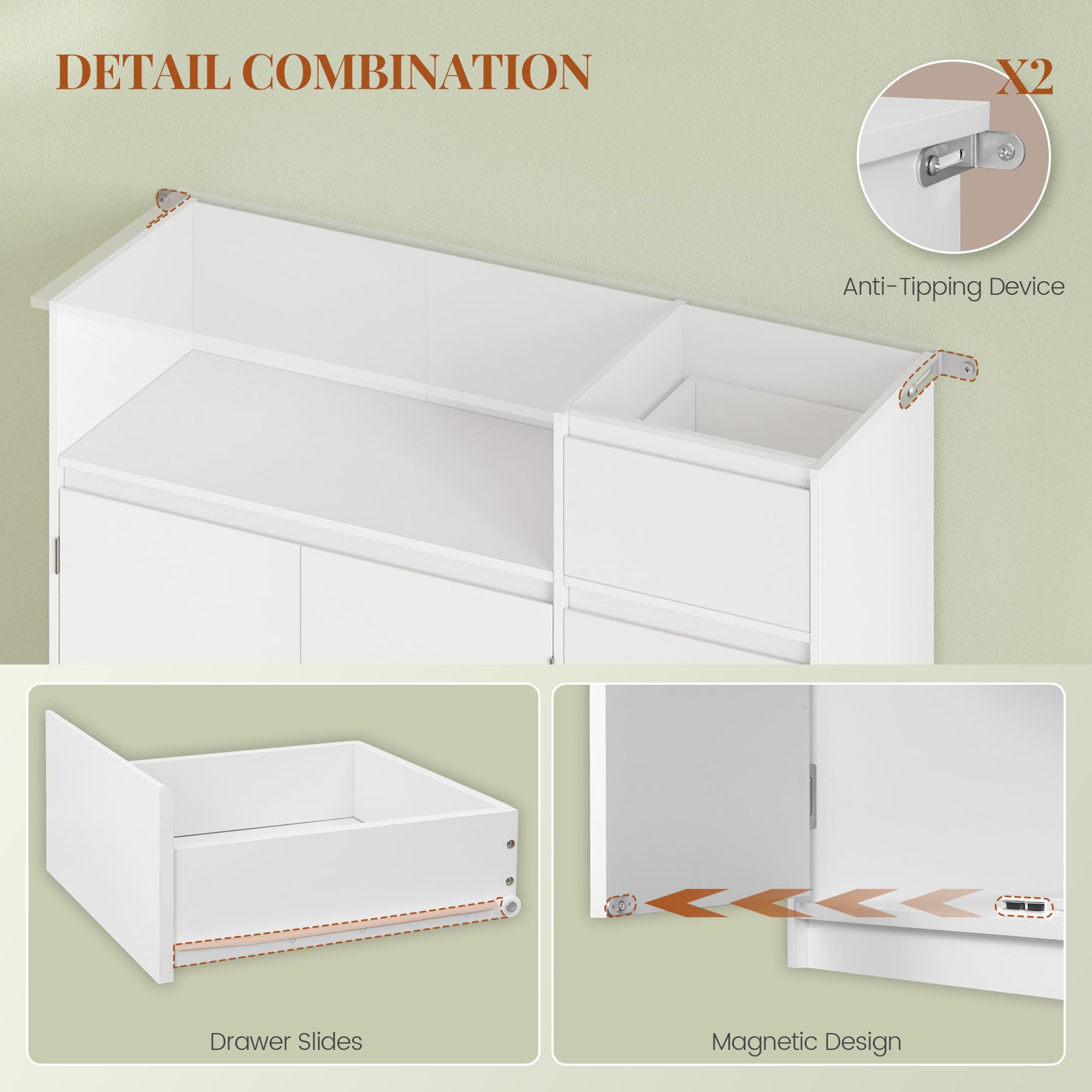 HEXCELEN Sideboard, Küchenschrank, Aufbewahrungsschrank mit Rollwagen, Schubladen und Verstellbaren Einlegeböden für Esszimmer, Küche und Wohnzimmer, Modern, 35 x 100 x 80 cm, Weiß