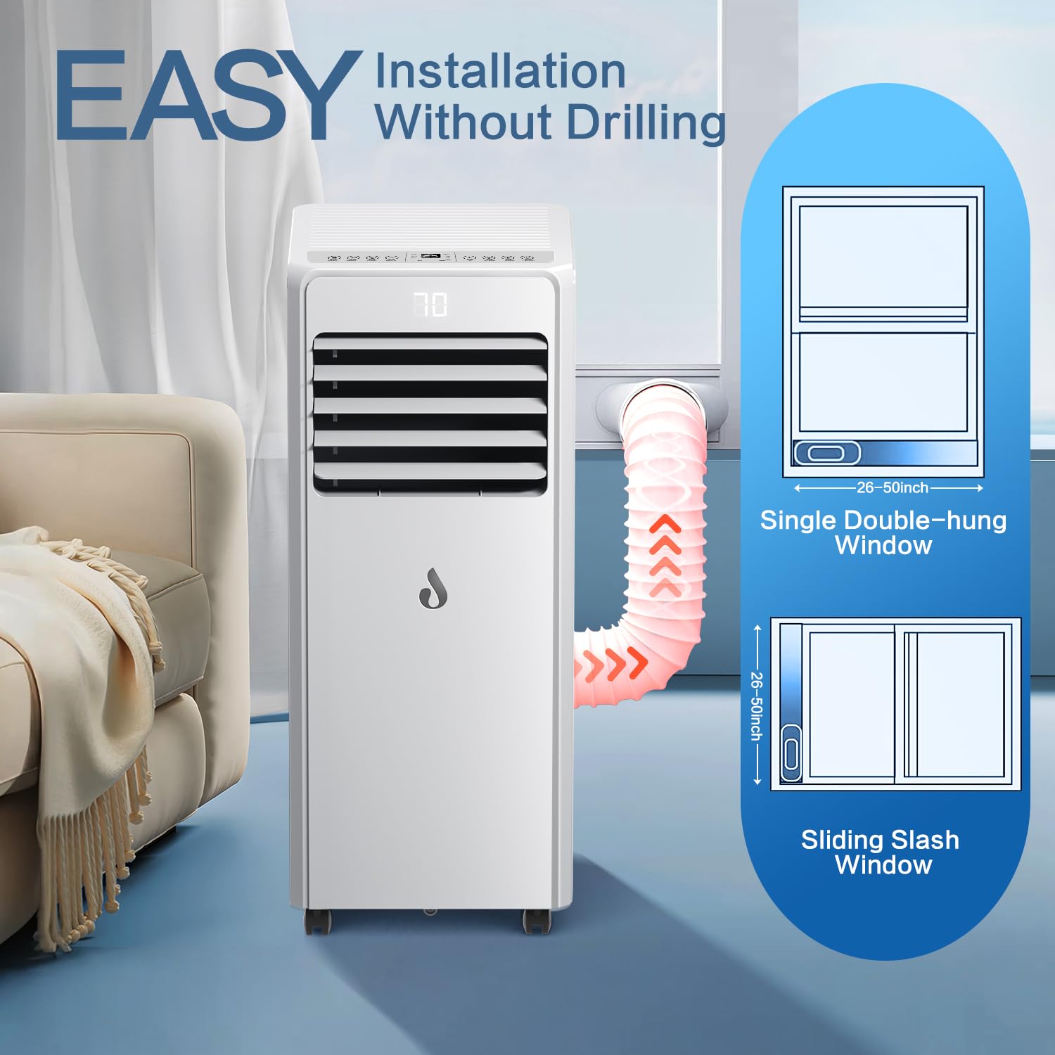Aire acondicionado portátil de 10,000 BTU para habitaciones de hasta 450 pies cuadrados, unidad de aire acondicionado 4 en 1 con control remoto, unidad de CA inteligente con kit de instalación para el 7