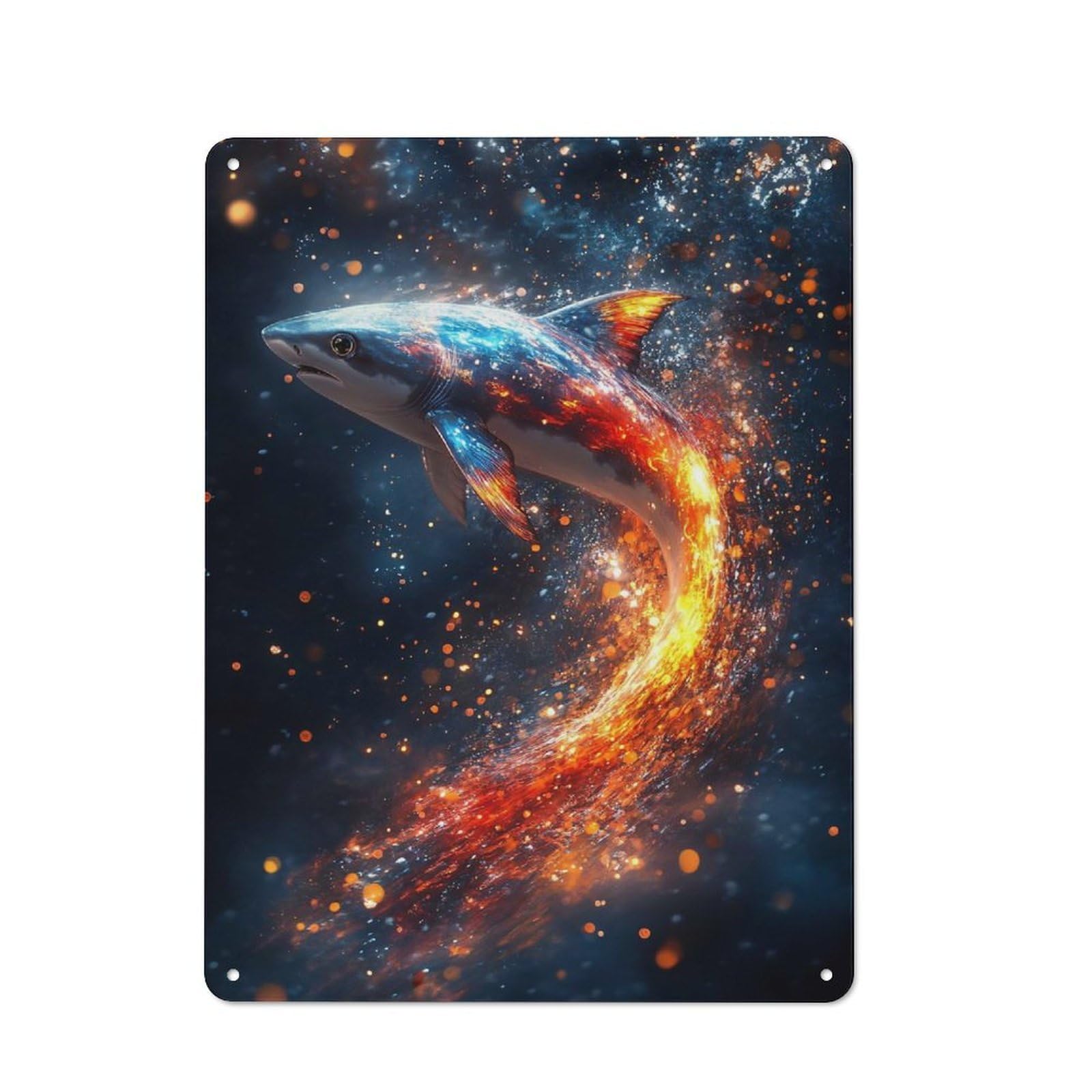 Distressed Look Fiery Shark in Dark Space Decorative Tin Sign 40x30cm, Retro Room Decor for Lounge, Study, Pub Or Wall Gallery