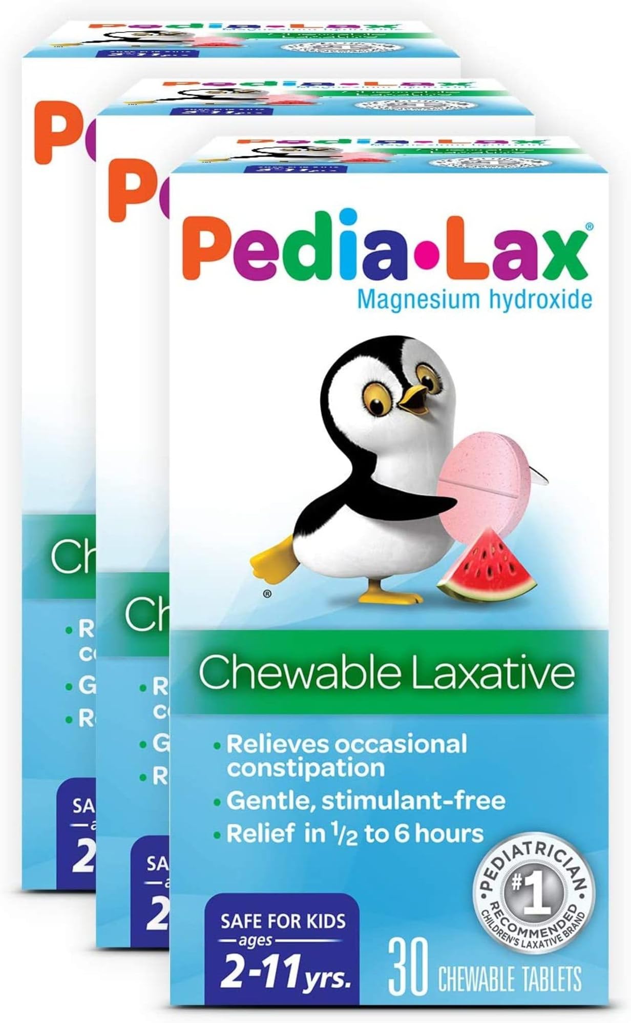 Laxative Chewable Tablets for Kids, Ages 2-11, Watermelon Flavor, 30 Count, Pack of 3