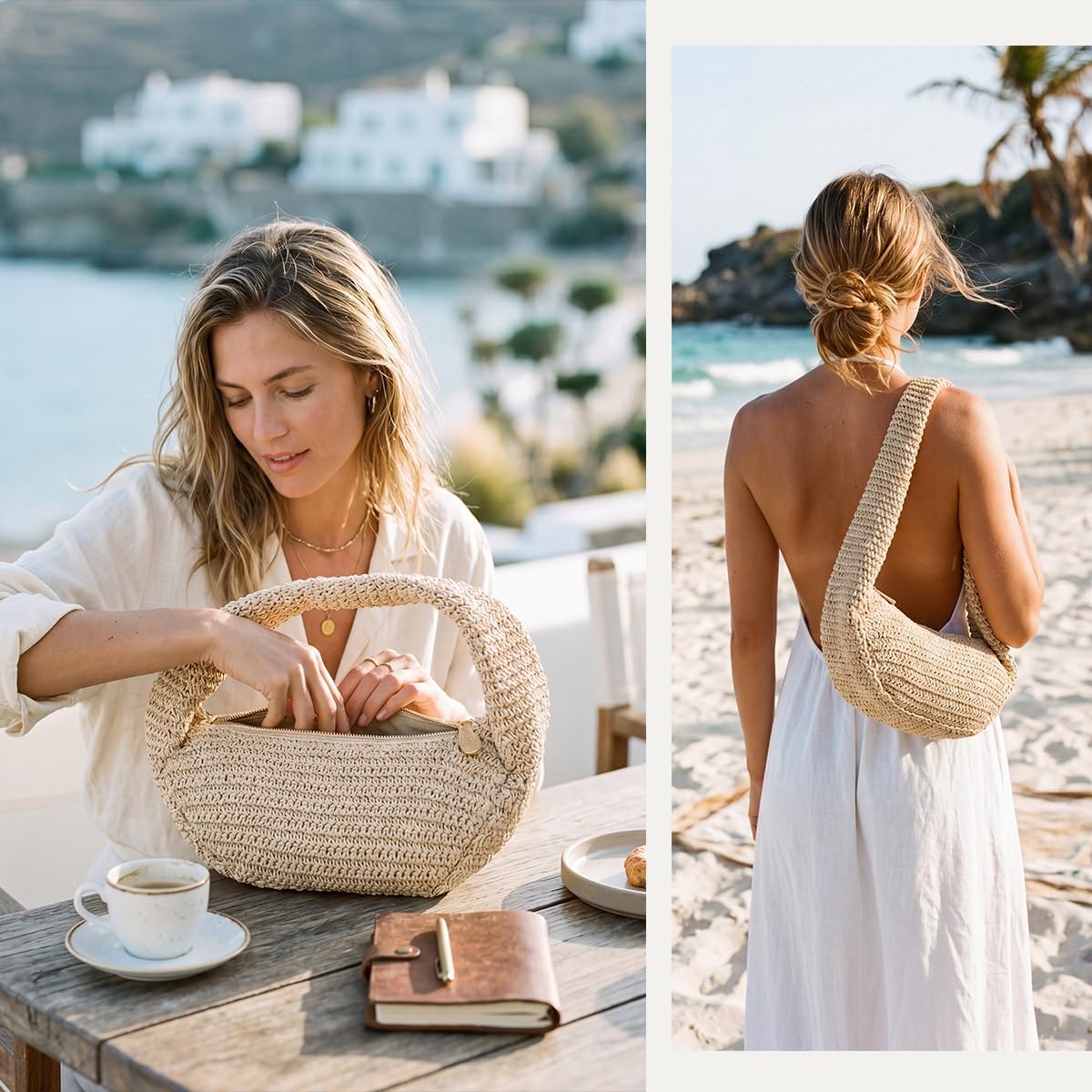 Crochet Straw Bag Summer Beach Bag for Women, Woven Hobo Shoulder Bag, Half Moon Tote Purse with Zipper, Retro Underarm Bag