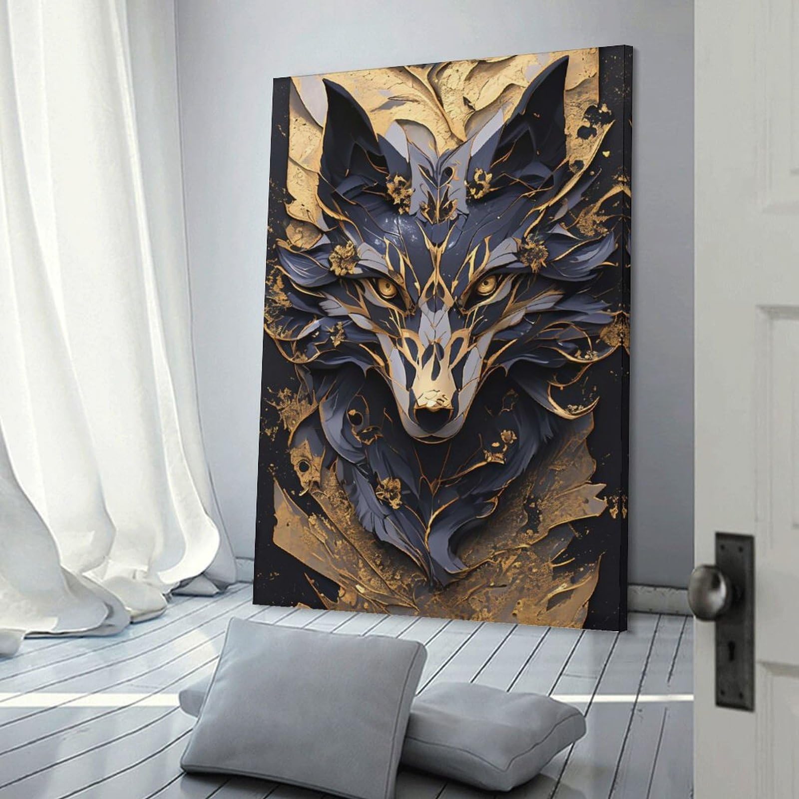 Junmoney Room Decor Wall Art Dark Blue Wolf Kintsugi, 20x30inch(50x75cm), for Wall Displays, Bedrooms Or Room Updates, An Easy Match for Collected Prints