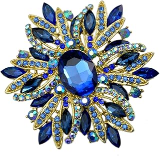 SELOVO 3.5" Huge Big Large Brooch Pendant Scarf Hats Decoration Blue Flower Pin Gold Tone