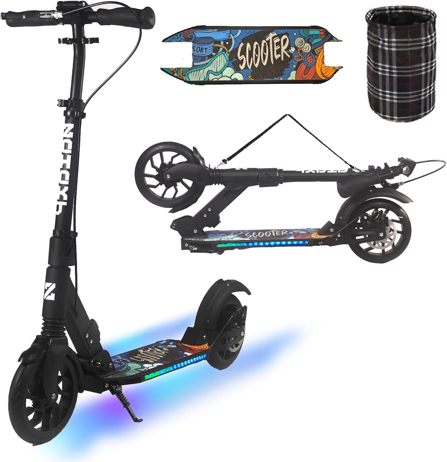 Kick Scooter for Kid Ages 6+,Teens & Adults w/Light Up Deck, Adjustable Handlebar, Foldable Big Wheels Scooter, Commuter Adult Scooters with Hand Brake & Shock Absorption, Max Load 300 LBS