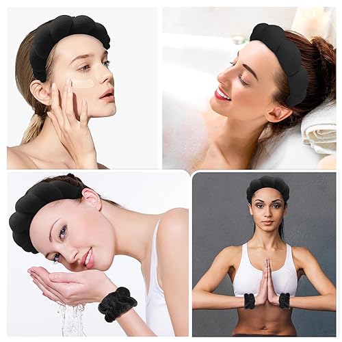Miniatura 4 de Zkptops 3 diademas de spa para lavar la cara, esponja, maquillaje, cuidado de la piel, diadema suave de burbujas para mujeres y niñas, aro de pelo a