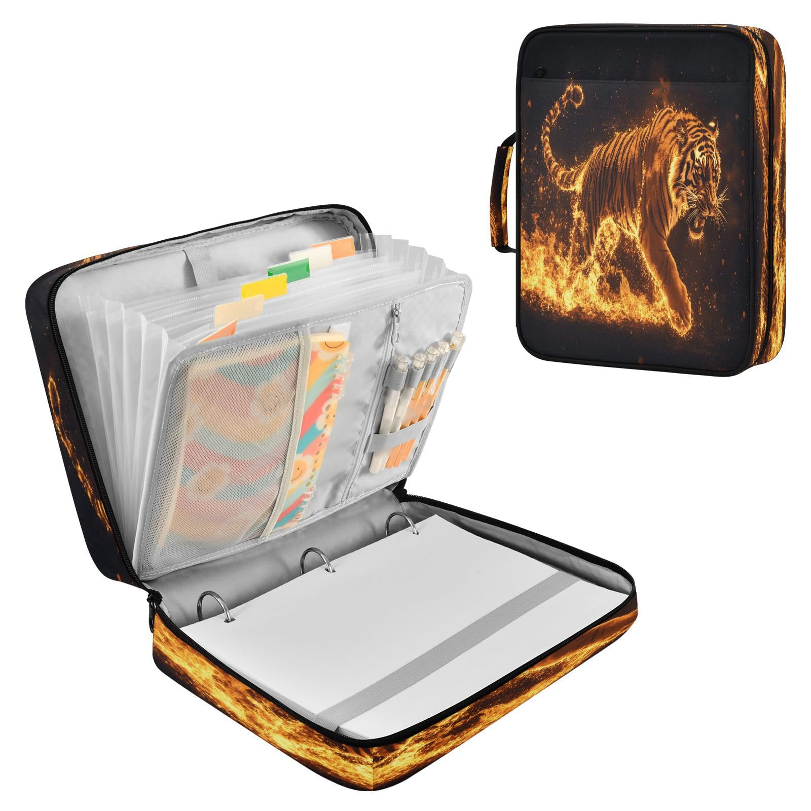 Fiery Tiger Flames - Raccoglitore espandibile a 3 anelli, con 7 tasche a fisarmonica, raccoglitore ad anelli per scuola, ufficio, viaggi