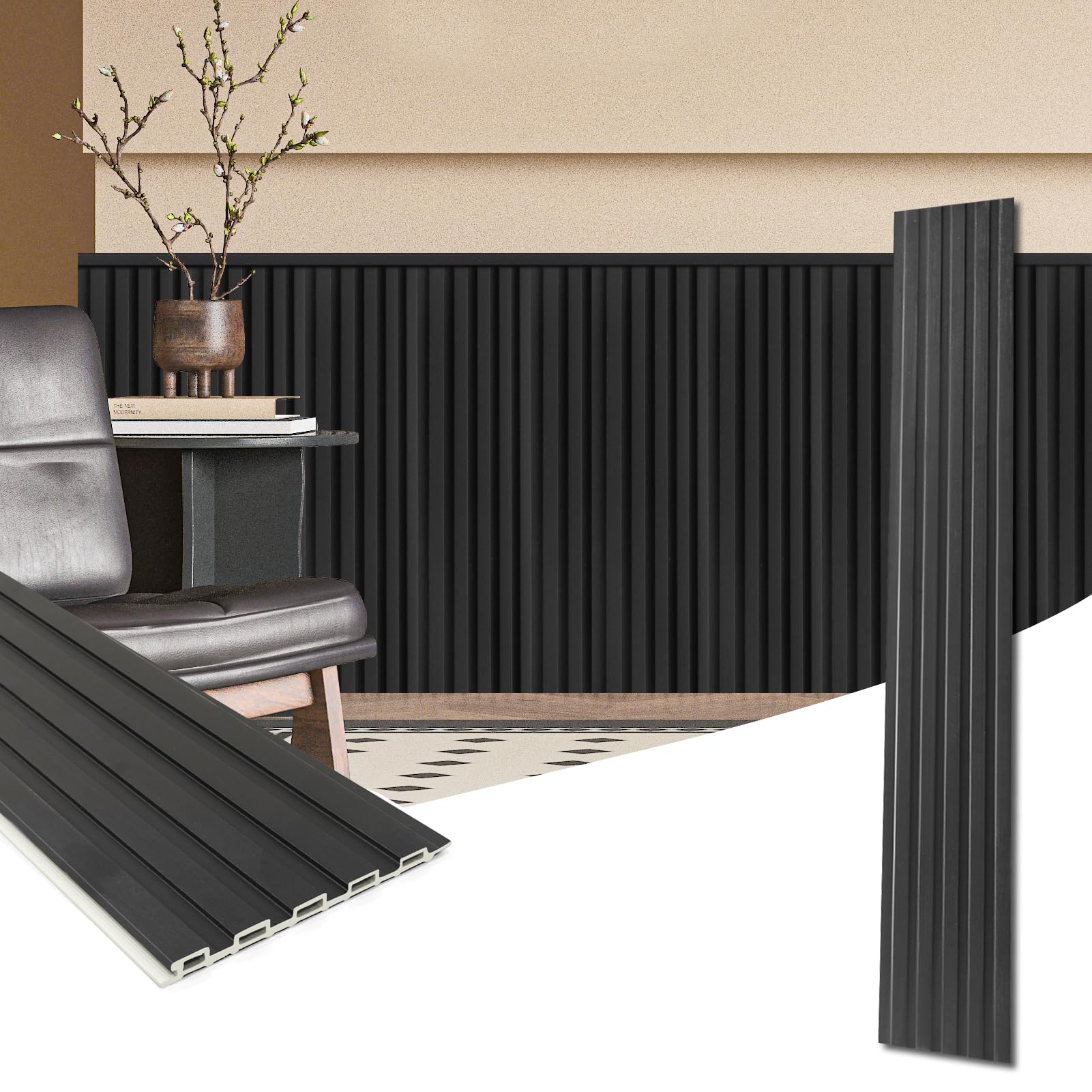 Photo 1 of Art3d WPC Wainscoting Panels, 16-Pack 48 x 6 Inch 3D Wall Accents for Interior Wall Decor, Living Room, Bedroom, Black