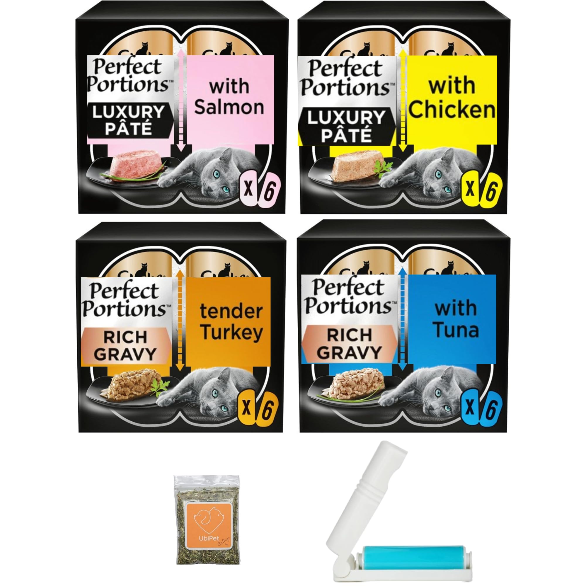 Cat Food Bundle with Portions Pate and Gravy Including Chicken, Turkey, Salmon and Tuna (6x37.5 grams each) Total of 24 Trays,1x UbiPet Catnip and a Lint Roller